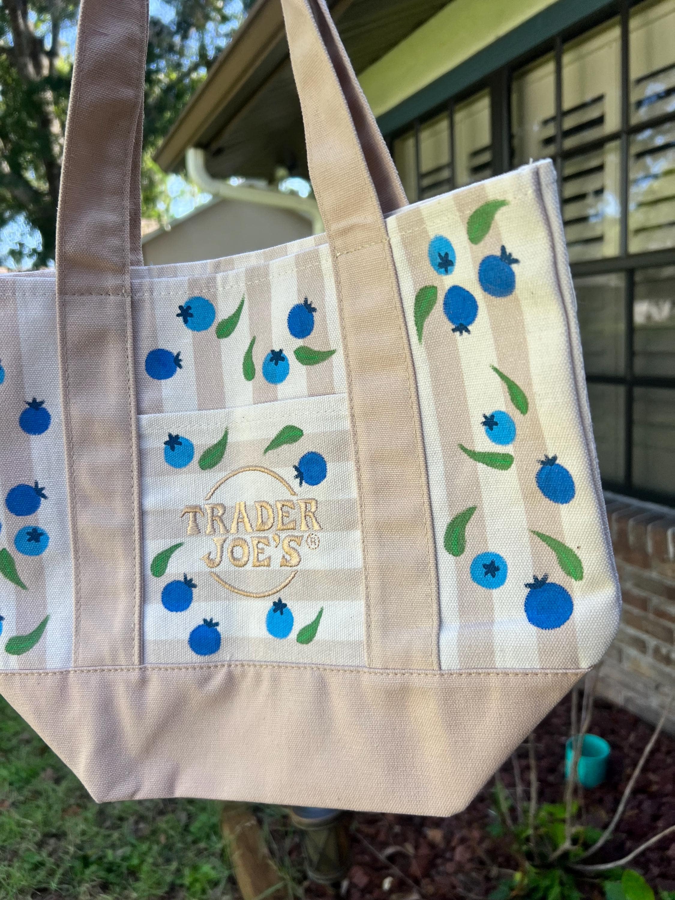 Trader Joes Limited Edition Mini Canvas Tote Bag - Hand Painted Blueberry Striped Tote - Cottagecore Blueberries Reusable Bag for Summer
