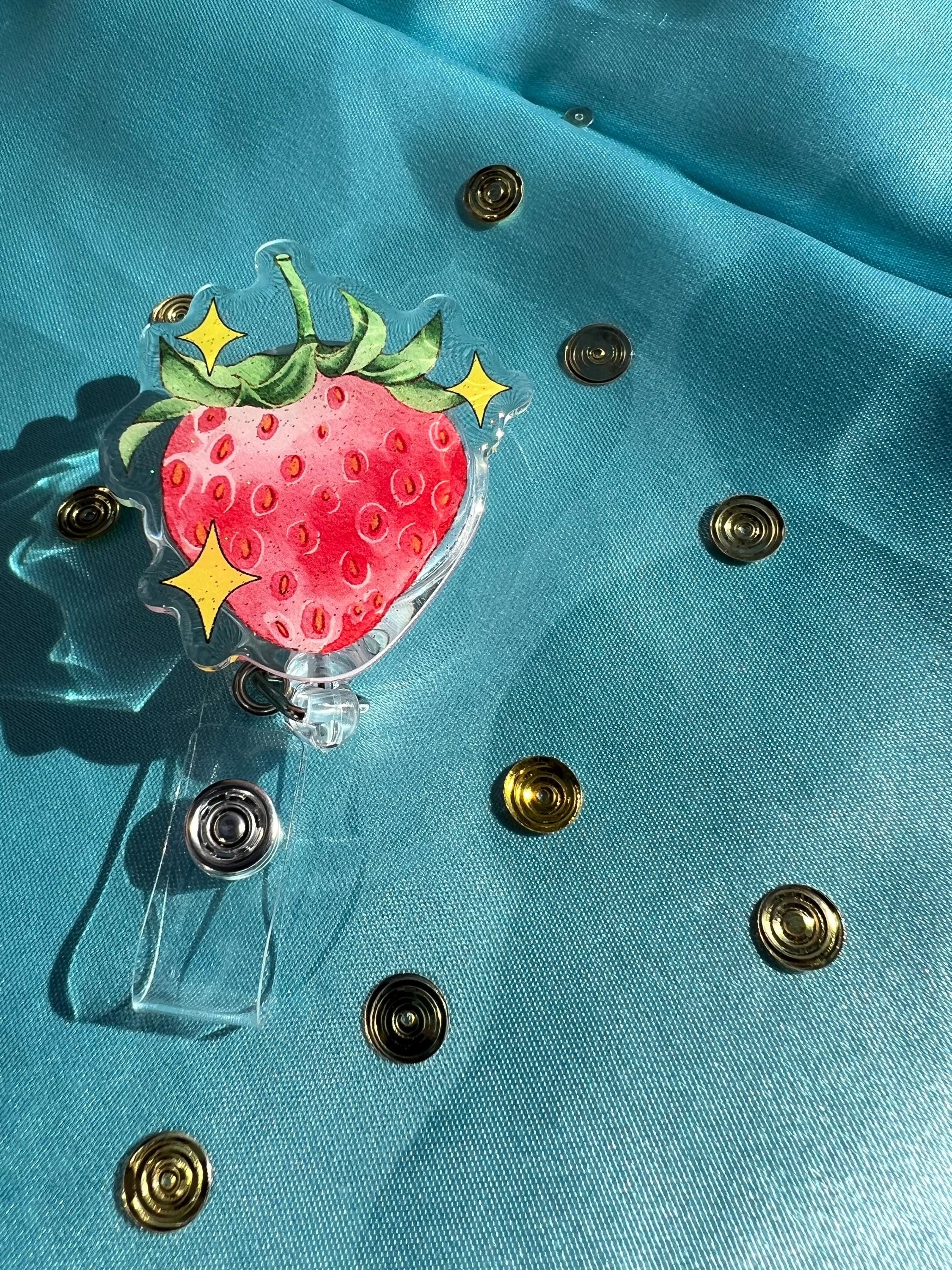 Strawberry Badge Reel, Glitter Epoxy ID Clip, Watercolor Fruit Lanyard