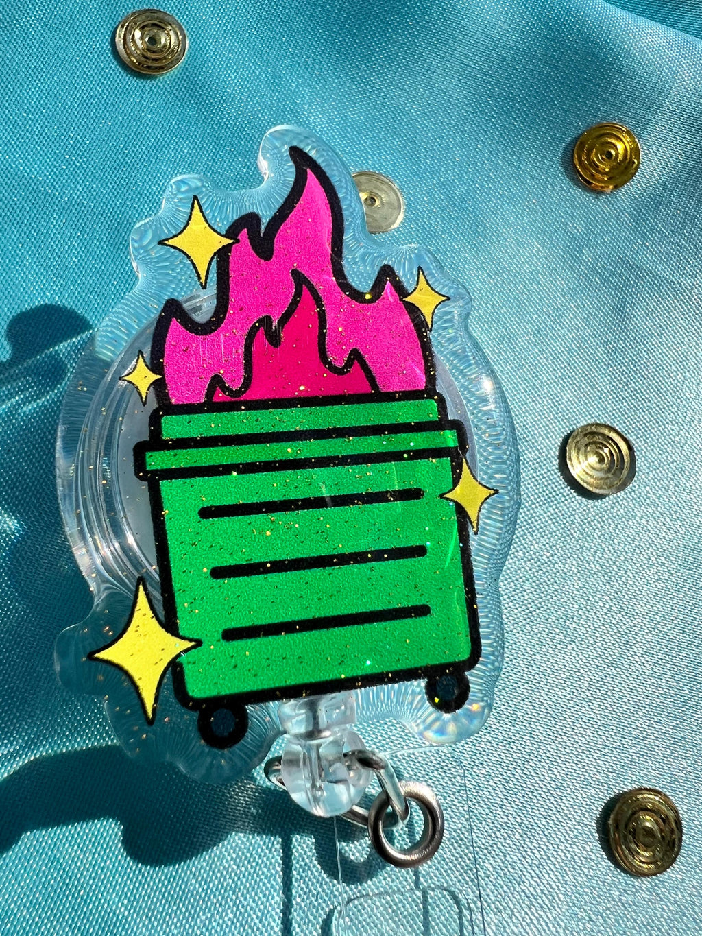 Dumpster Fire Badge Reel | Glitter Epoxy ID Clip | Chaotic Office Lanyard Humor