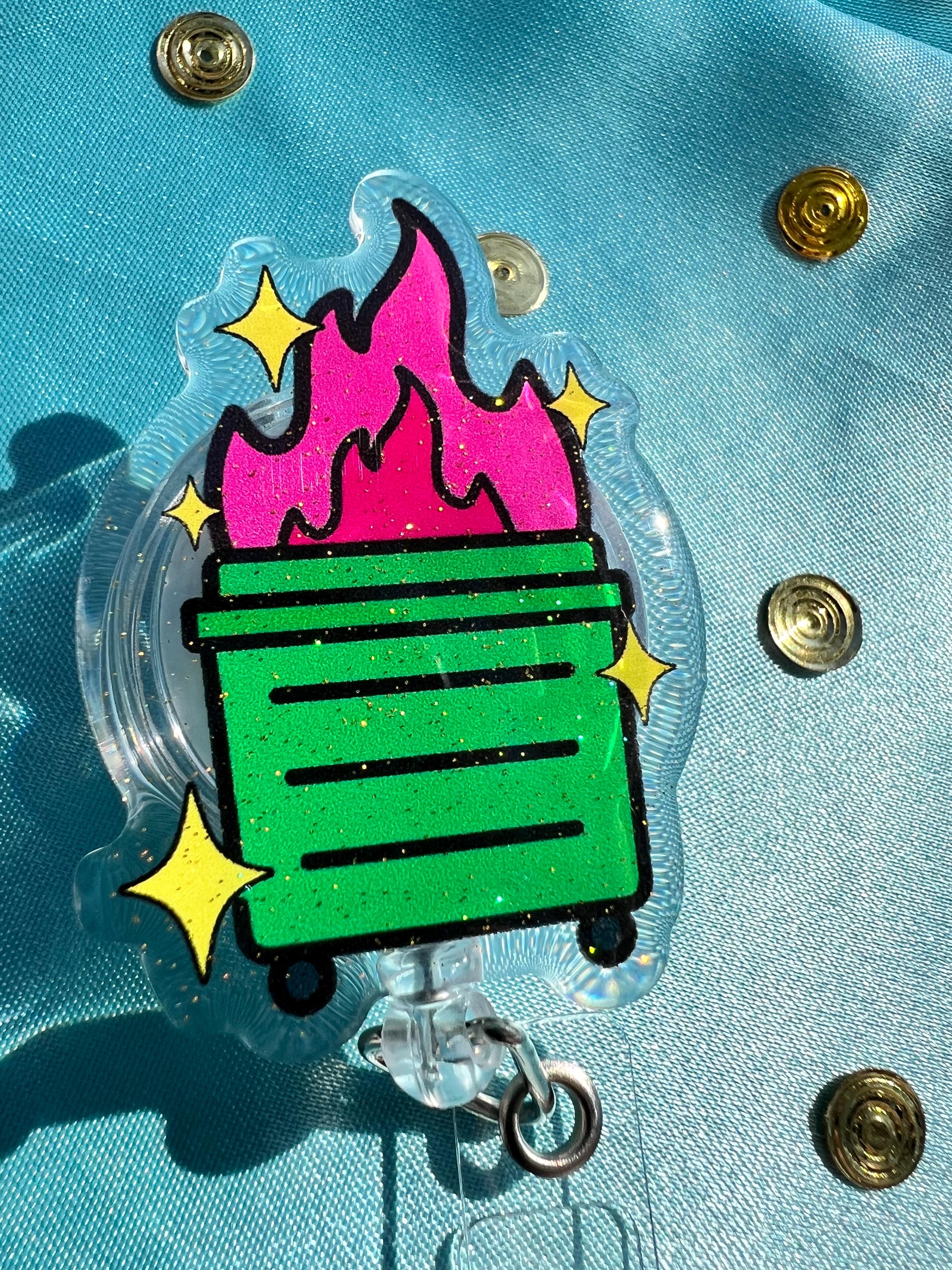 Dumpster Fire Badge Reel | Glitter Epoxy ID Clip | Chaotic Office Lanyard Humor