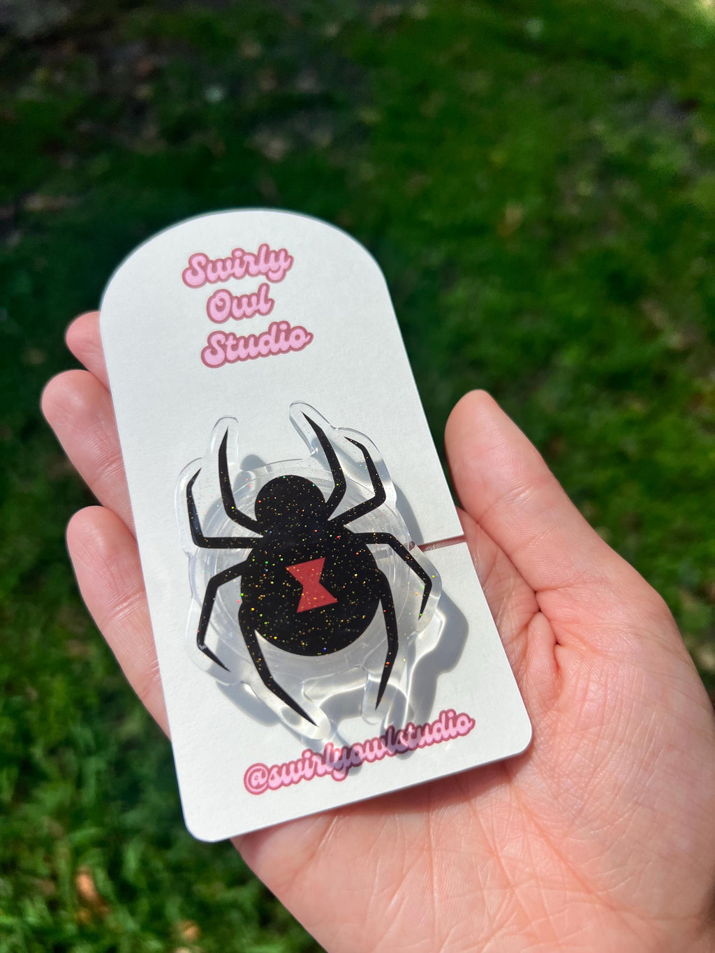 Spooky Black Widow Magnetic Glitter Kindle Grip | Whimsigoth Kindle Accessory | Goth E-Reader Stand | Handcrafted Spider Phone Stand