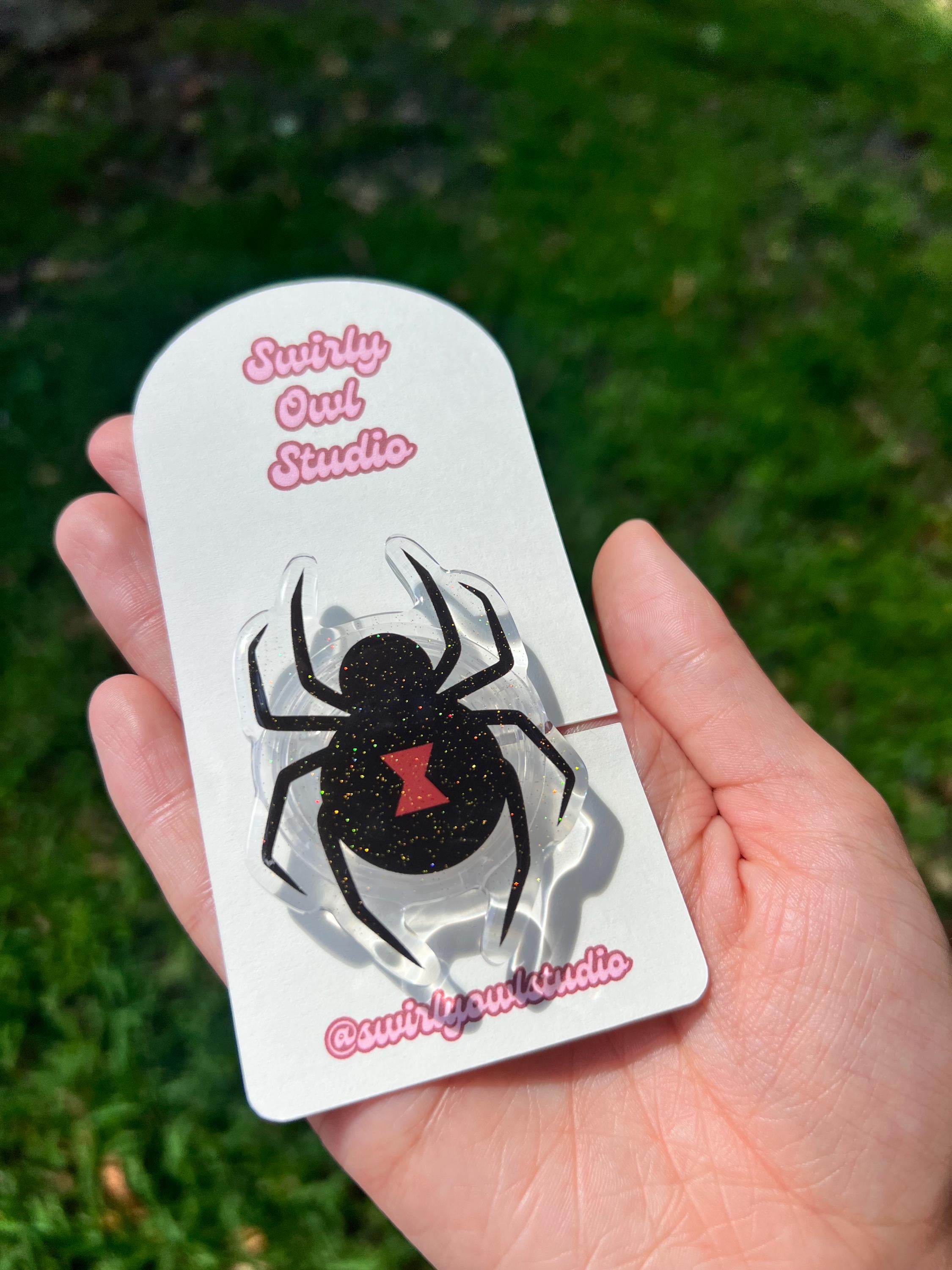 Spooky Black Widow Magnetic Glitter Kindle Grip | Whimsigoth Kindle Accessory | Goth E-Reader Stand | Handcrafted Spider Phone Stand