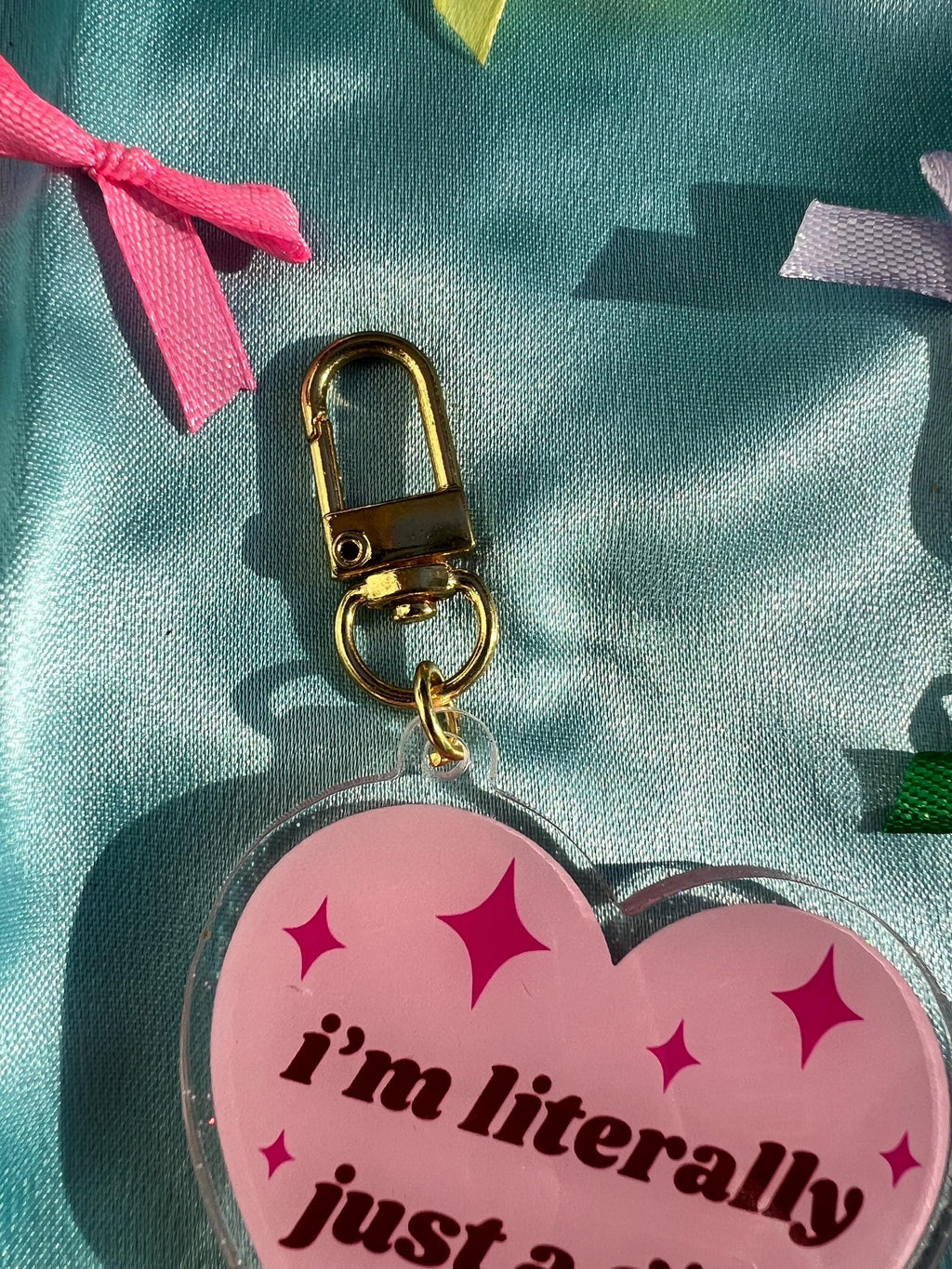 Pink heart acrylic bag charm– "literally just a girl" quote, coquette keychain