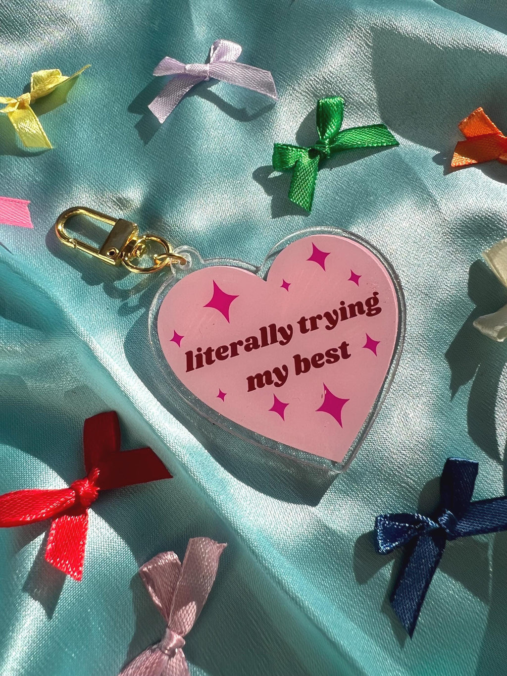Pink Heart Acrylic Glitter Bag Charm – "Literally Trying My Best" Quote, Coquette Keychain