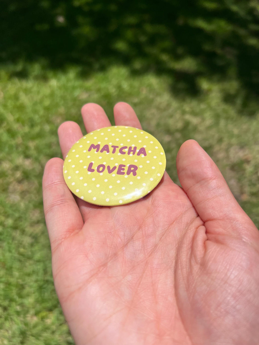 Matcha Lover Button Pin – 2.25" Cute Green Polka Dot Green Tea Badge, Aesthetic Kawaii Backpack Pin, Cafe and Drink Accessory, Y2K Gift