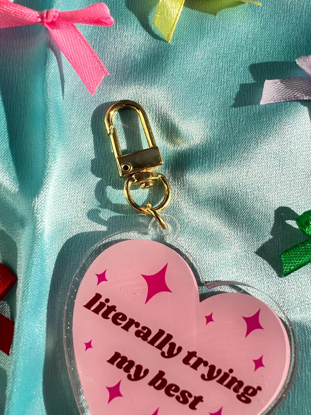 Pink Heart Acrylic Glitter Bag Charm – "Literally Trying My Best" Quote, Coquette Keychain