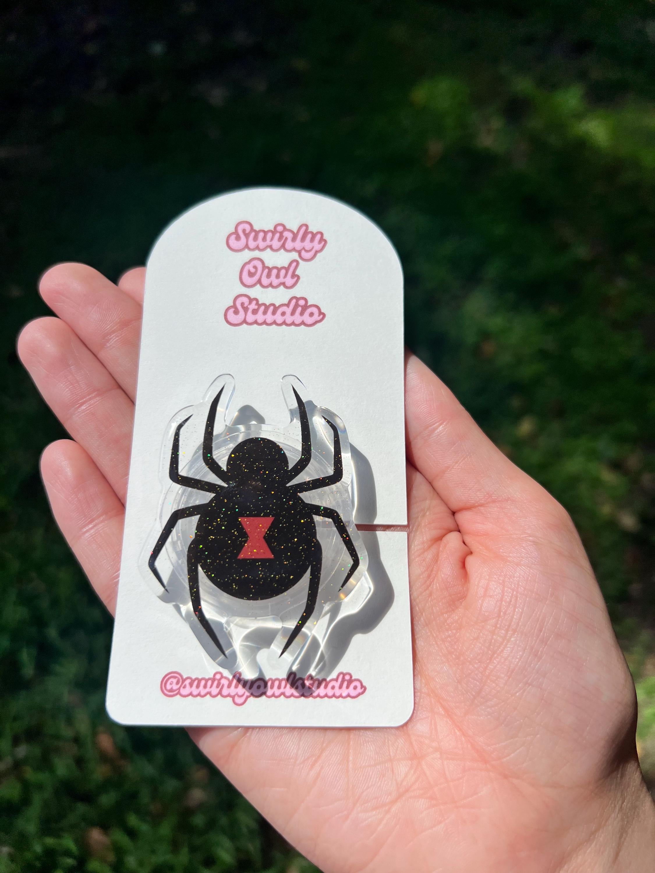 Spooky Black Widow Magnetic Glitter Kindle Grip | Whimsigoth Kindle Accessory | Goth E-Reader Stand | Handcrafted Spider Phone Stand