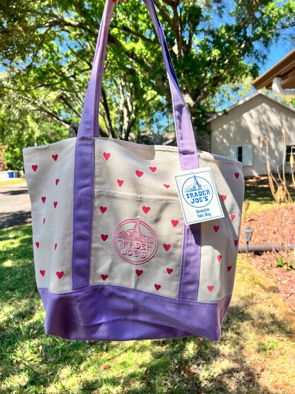 Hand Painted Hearts Lavender Tote Bag - Trader Joes Limited Edition Pastel Purple with Red Hearts - Large Reusable Grocery Bag