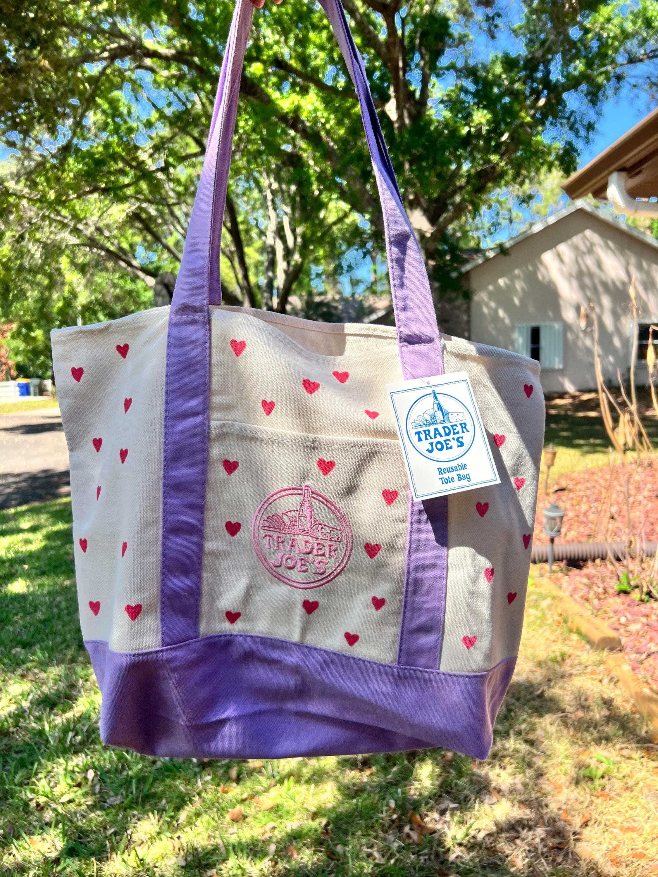 Hand Painted Hearts Lavender Tote Bag - Trader Joes Limited Edition Pastel Purple with Red Hearts - Large Reusable Grocery Bag