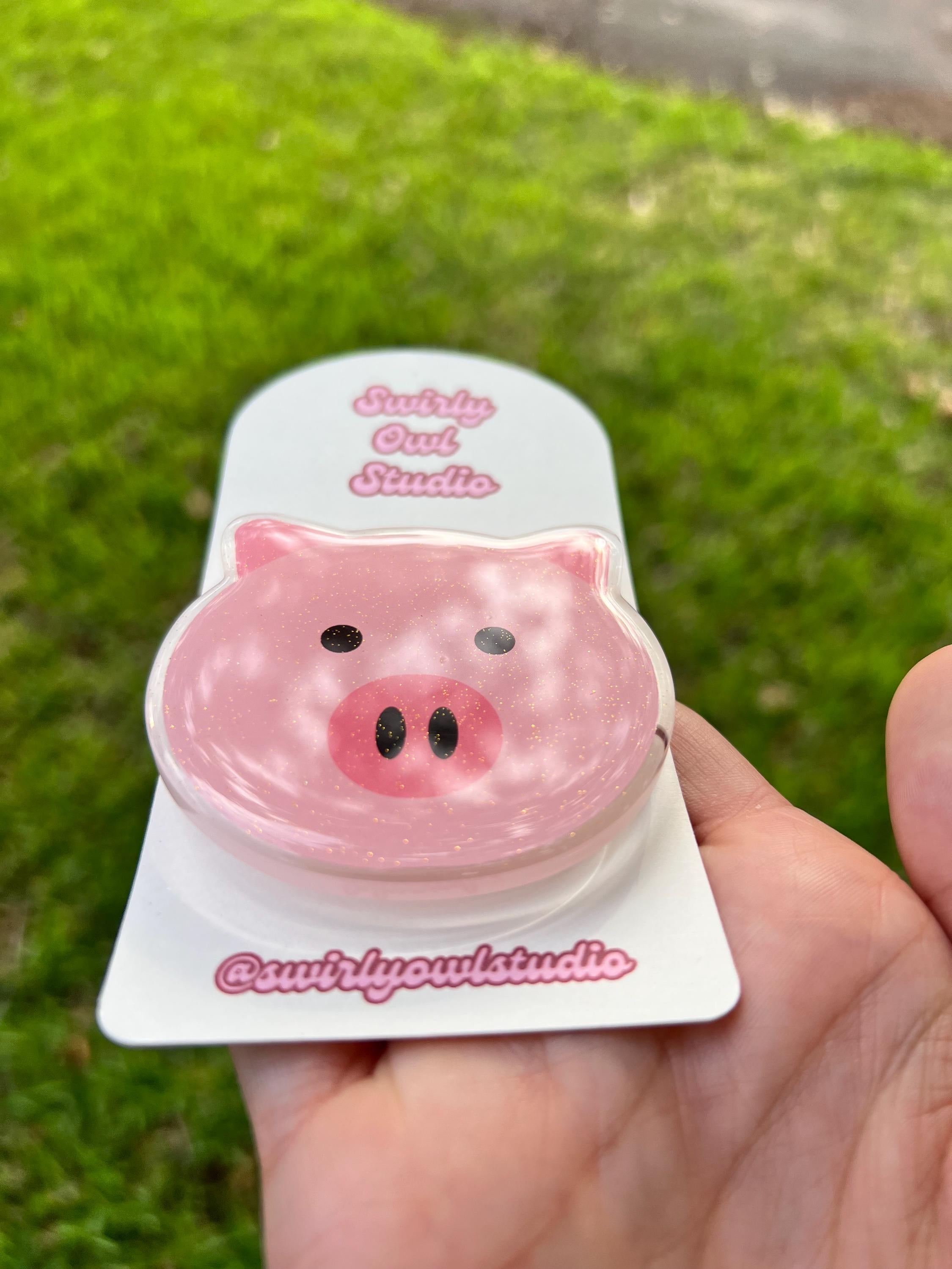 Pink Pig Glitter Magnetic Kindle Grip - Cute Sparkly Phone Grip - Cottagecore Acrylic Phone Holder- E-Reader Stand