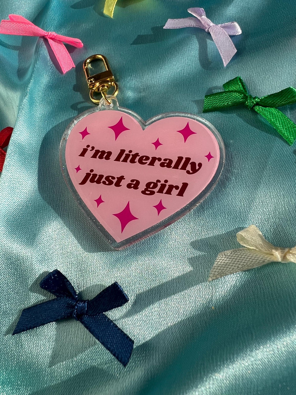 Pink heart acrylic bag charm– "literally just a girl" quote, coquette keychain