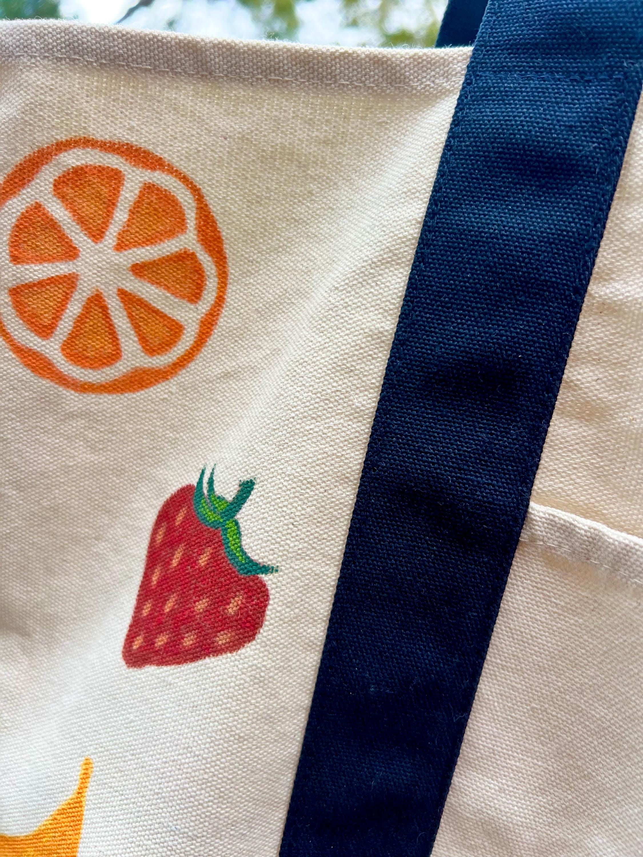 Hand Painted Fruit Tote Bag, Upcycled Trader Joes Canvas Bag, Colorful Fruit Aesthetic Grocery Bag, One of a Kind Reusable Bag, Gift for Her
