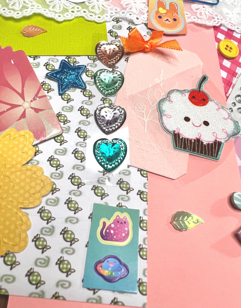 Kawaii Junk Journal Kit, Pastel Stationery, Stickers, Rhinestone Sheet