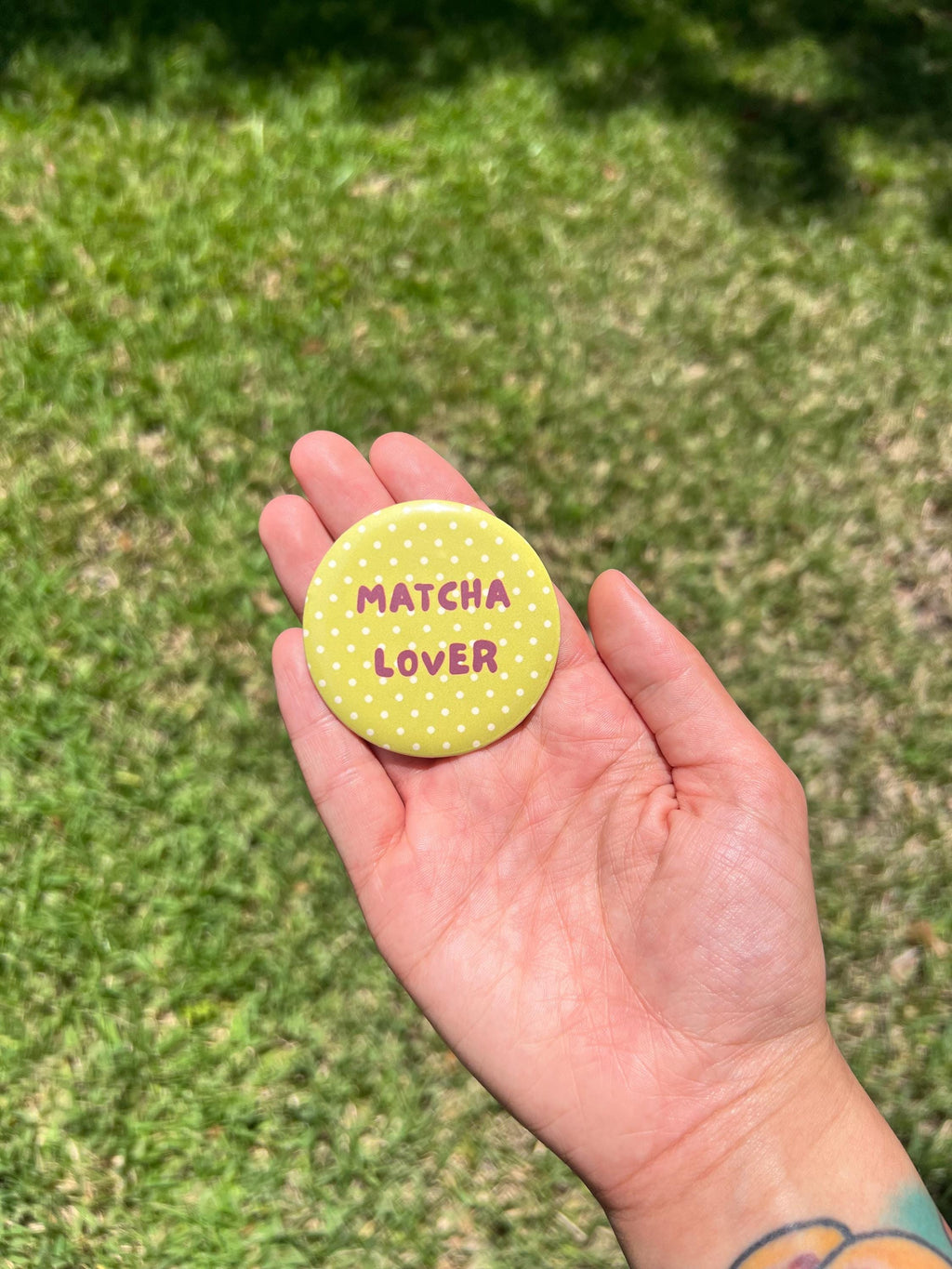Matcha Lover Button Pin – 2.25" Cute Green Polka Dot Green Tea Badge, Aesthetic Kawaii Backpack Pin, Cafe and Drink Accessory, Y2K Gift