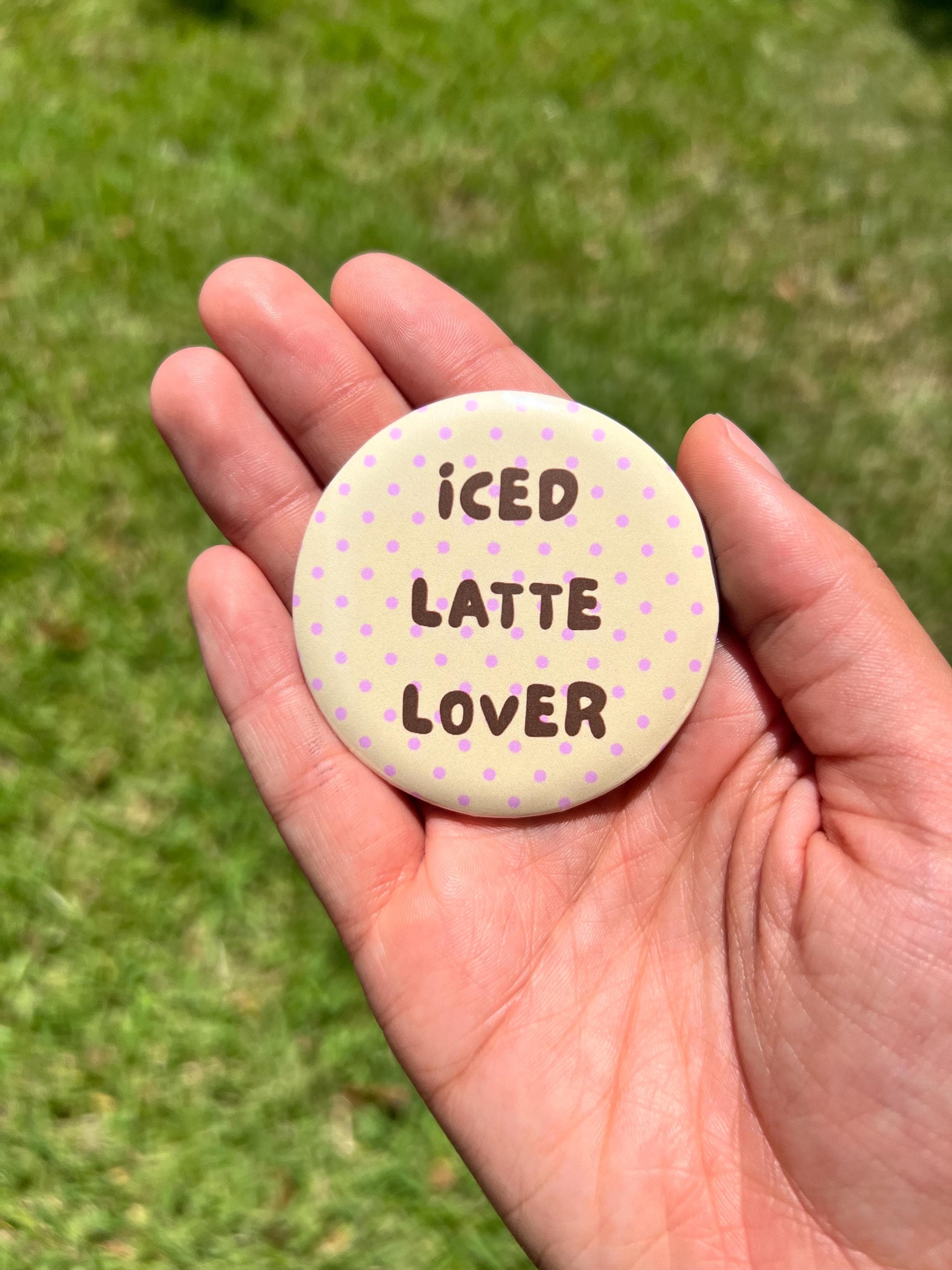 Iced Latte Lover Button Pin – 2.25" Cute Coffee Polka Dot Badge, Aesthetic Kawaii Backpack Pin, Cafe and Drink Accessories, Y2K Indie Gift