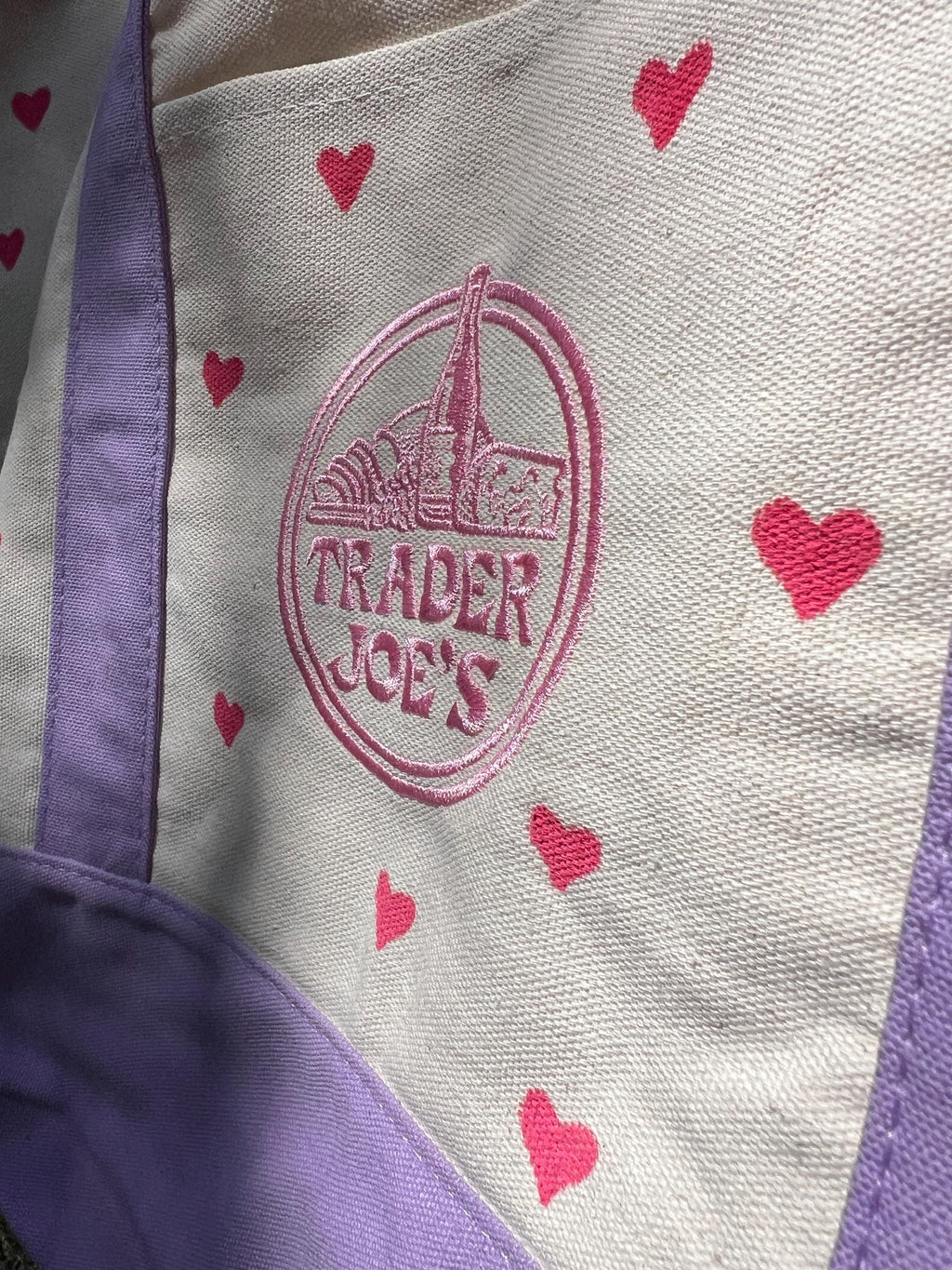 Hand Painted Hearts Lavender Tote Bag - Trader Joes Limited Edition Pastel Purple with Red Hearts - Large Reusable Grocery Bag