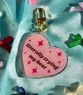 Pink Heart Acrylic Glitter Bag Charm – "Literally Trying My Best" Quote, Coquette Keychain