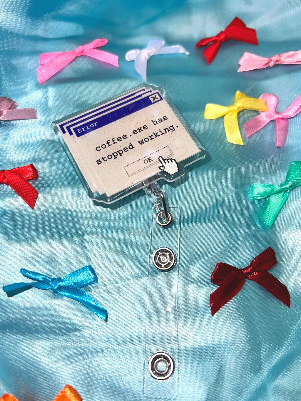 Y2k retro computer error funny glitter badge reel- coffee addict id badge holder - funny engineer and nurse accessory