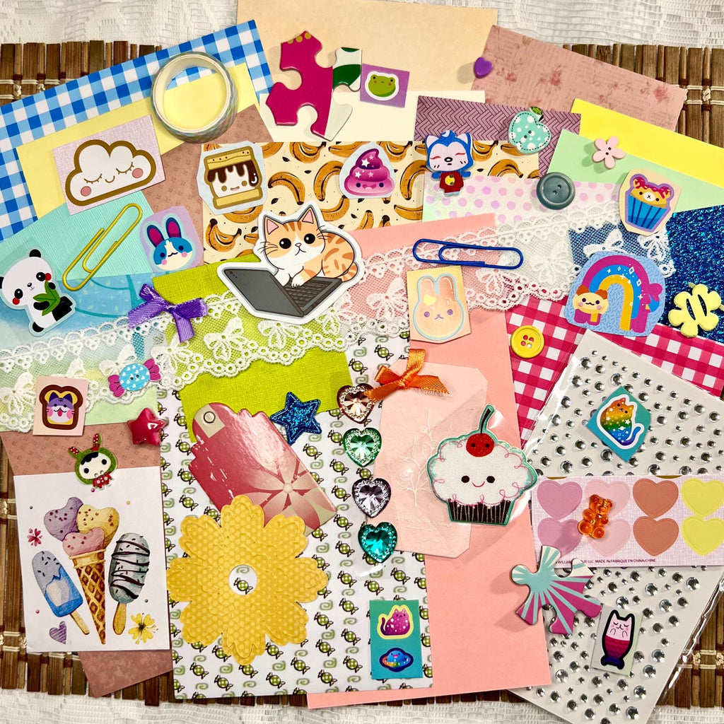 Kawaii Junk Journal Kit, Pastel Stationery, Stickers, Rhinestone Sheet