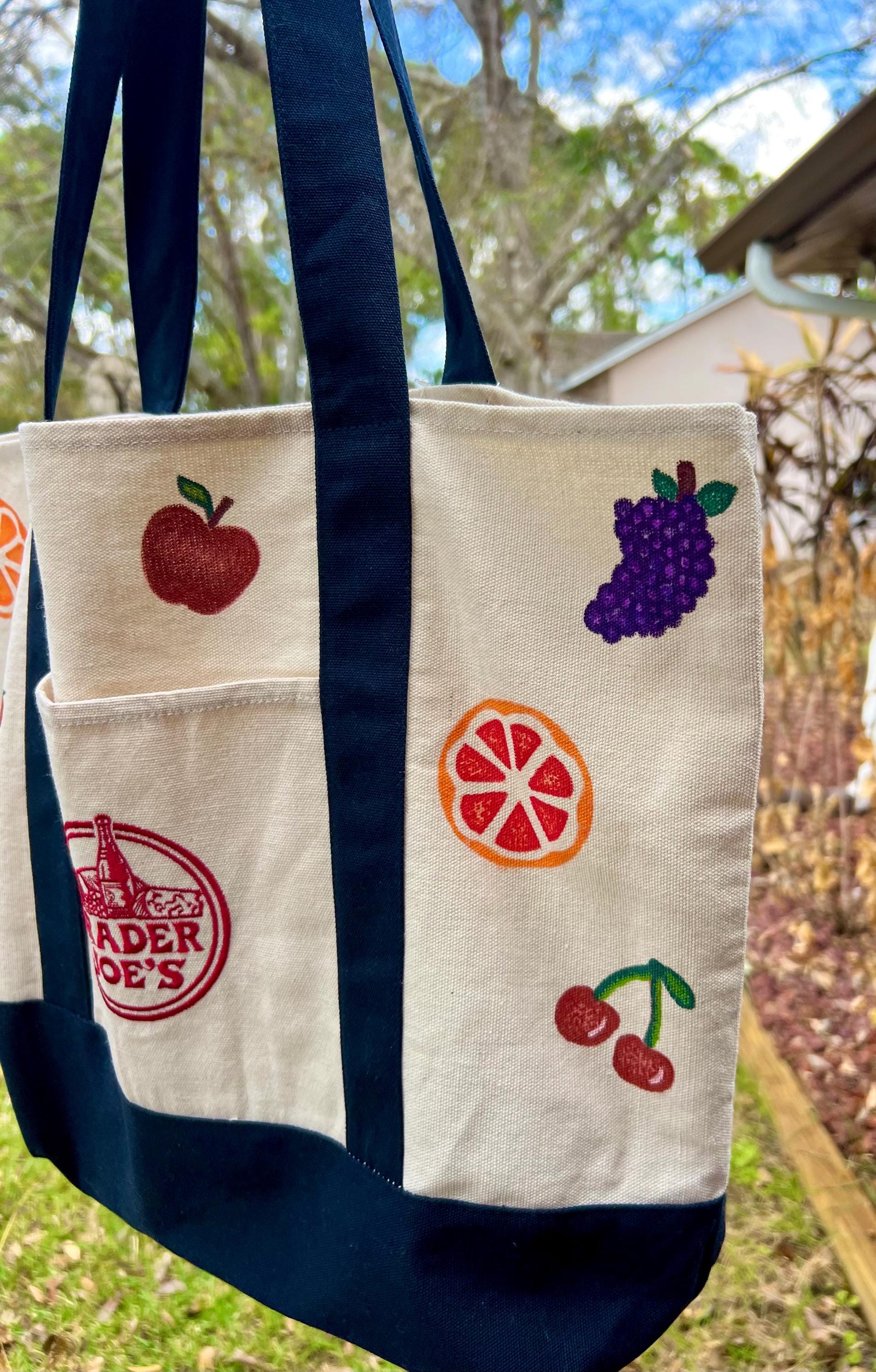 Hand Painted Fruit Tote Bag, Upcycled Trader Joes Canvas Bag, Colorful Fruit Aesthetic Grocery Bag, One of a Kind Reusable Bag, Gift for Her