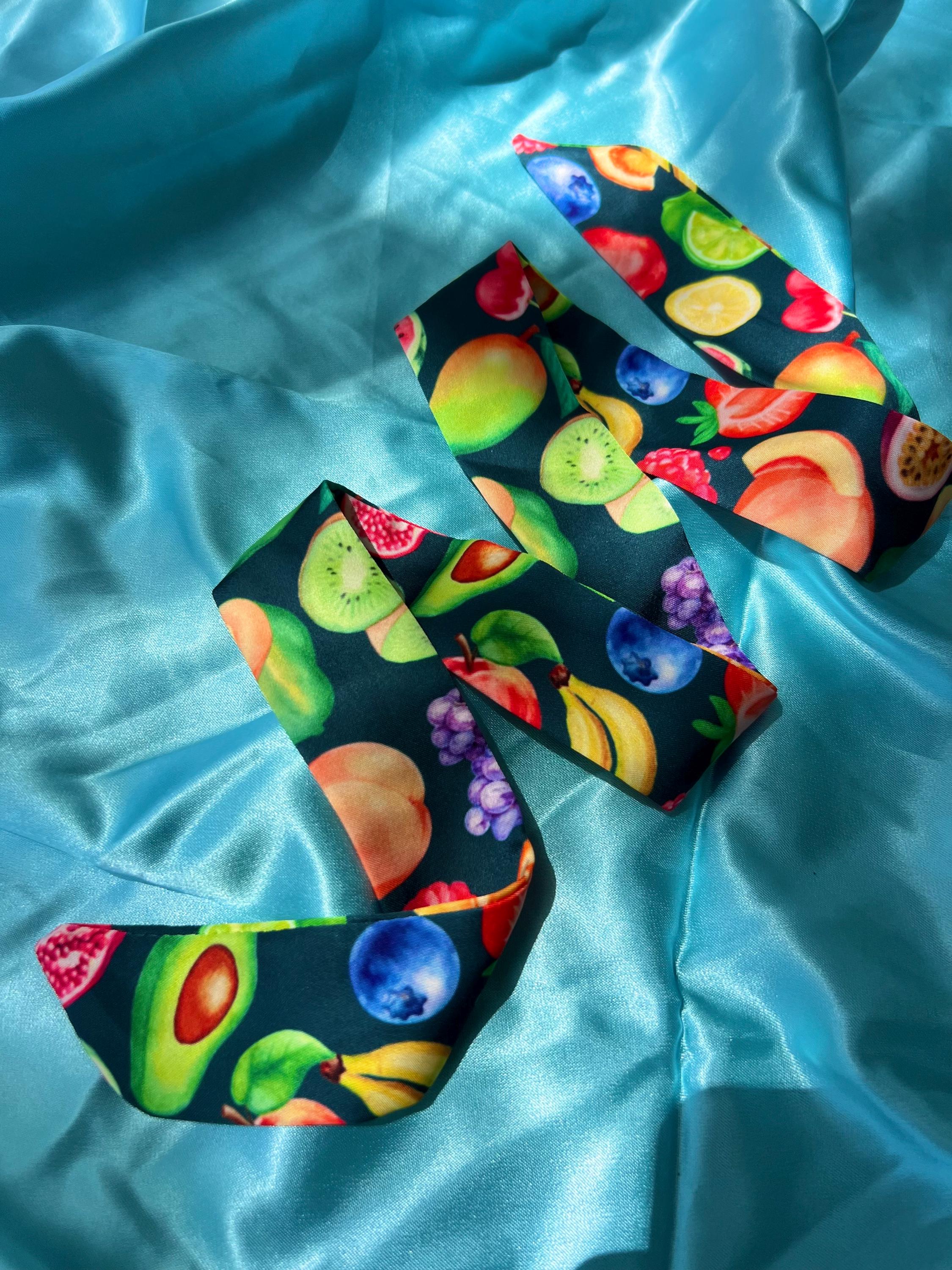 Fruit Pattern Silk Skinny Scarf Hair Tie- Botanical Twilly for Hair, Wrist, Handbag - Summer Fruit Print Headband Ribbon