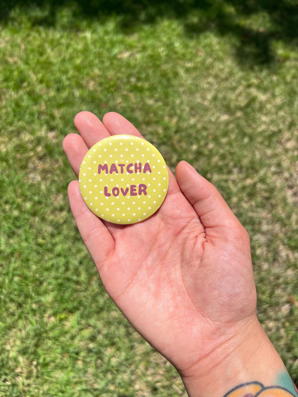 Matcha Lover Button Pin – 2.25" Cute Green Polka Dot Green Tea Badge, Aesthetic Kawaii Backpack Pin, Cafe and Drink Accessory, Y2K Gift