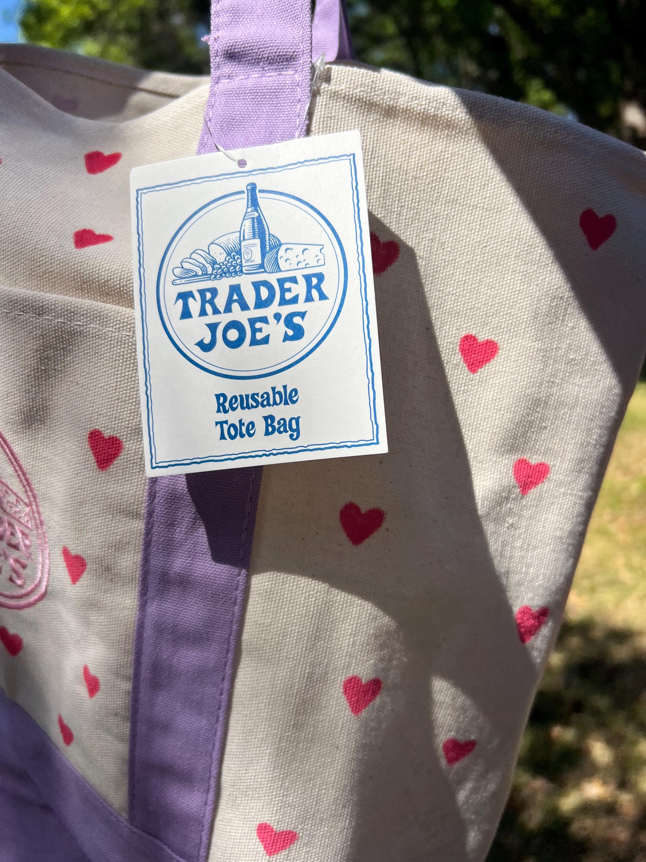 Hand Painted Hearts Lavender Tote Bag - Trader Joes Limited Edition Pastel Purple with Red Hearts - Large Reusable Grocery Bag