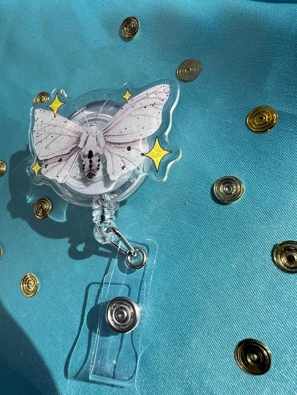 Whimsigoth Moth Badge Reel | Watercolor Insect ID Holder, Glitter Epoxy Lanyard Clip