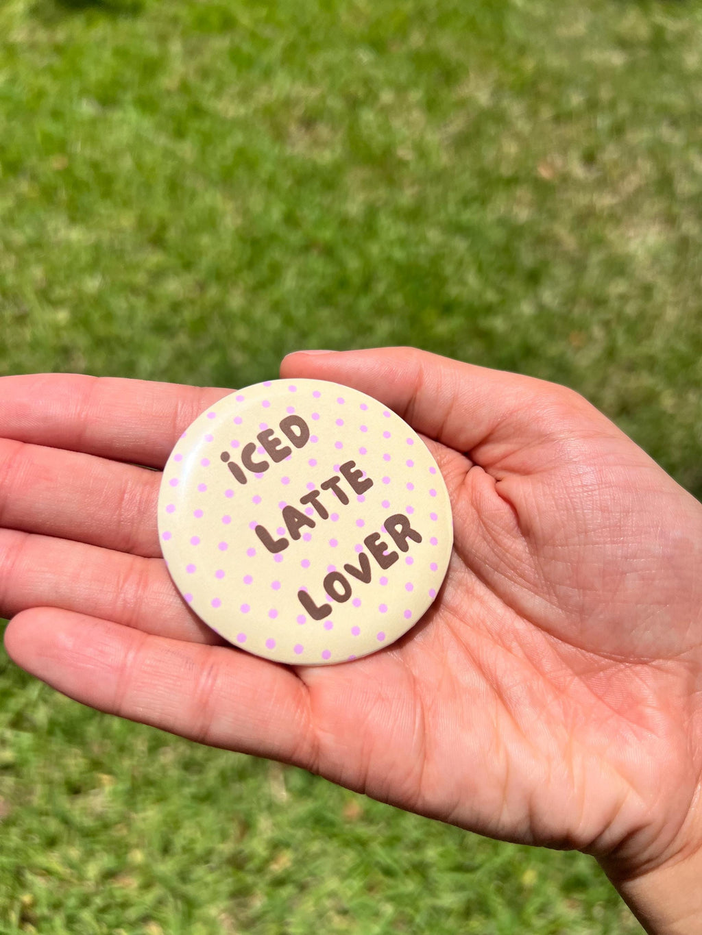 Iced Latte Lover Button Pin – 2.25" Cute Coffee Polka Dot Badge, Aesthetic Kawaii Backpack Pin, Cafe and Drink Accessories, Y2K Indie Gift