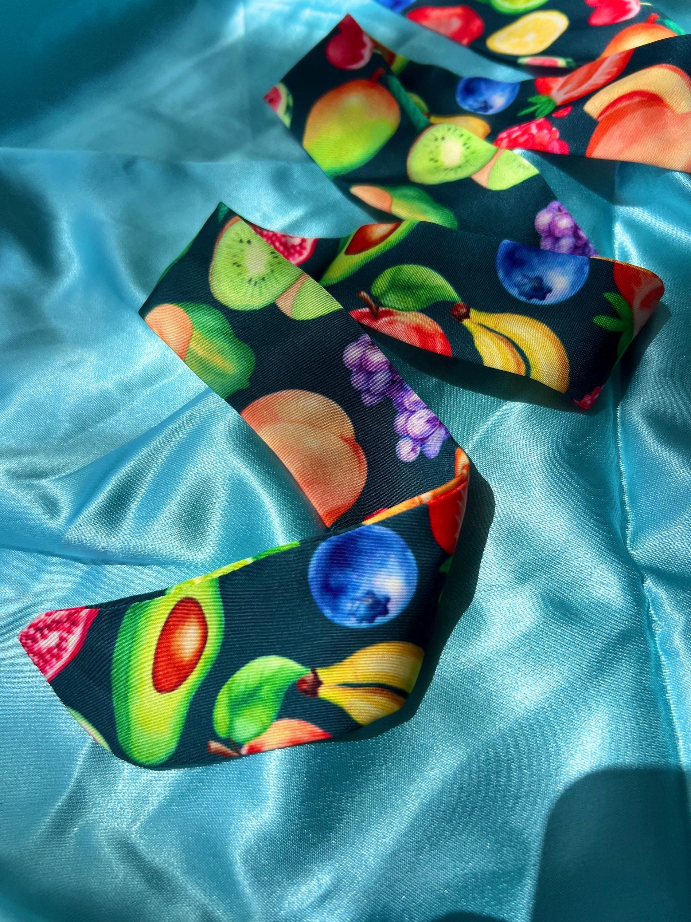 Fruit Pattern Silk Skinny Scarf Hair Tie- Botanical Twilly for Hair, Wrist, Handbag - Summer Fruit Print Headband Ribbon