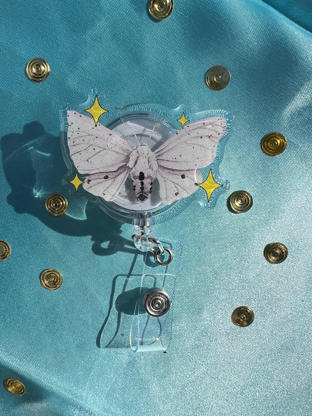 Whimsigoth Moth Badge Reel | Watercolor Insect ID Holder, Glitter Epoxy Lanyard Clip