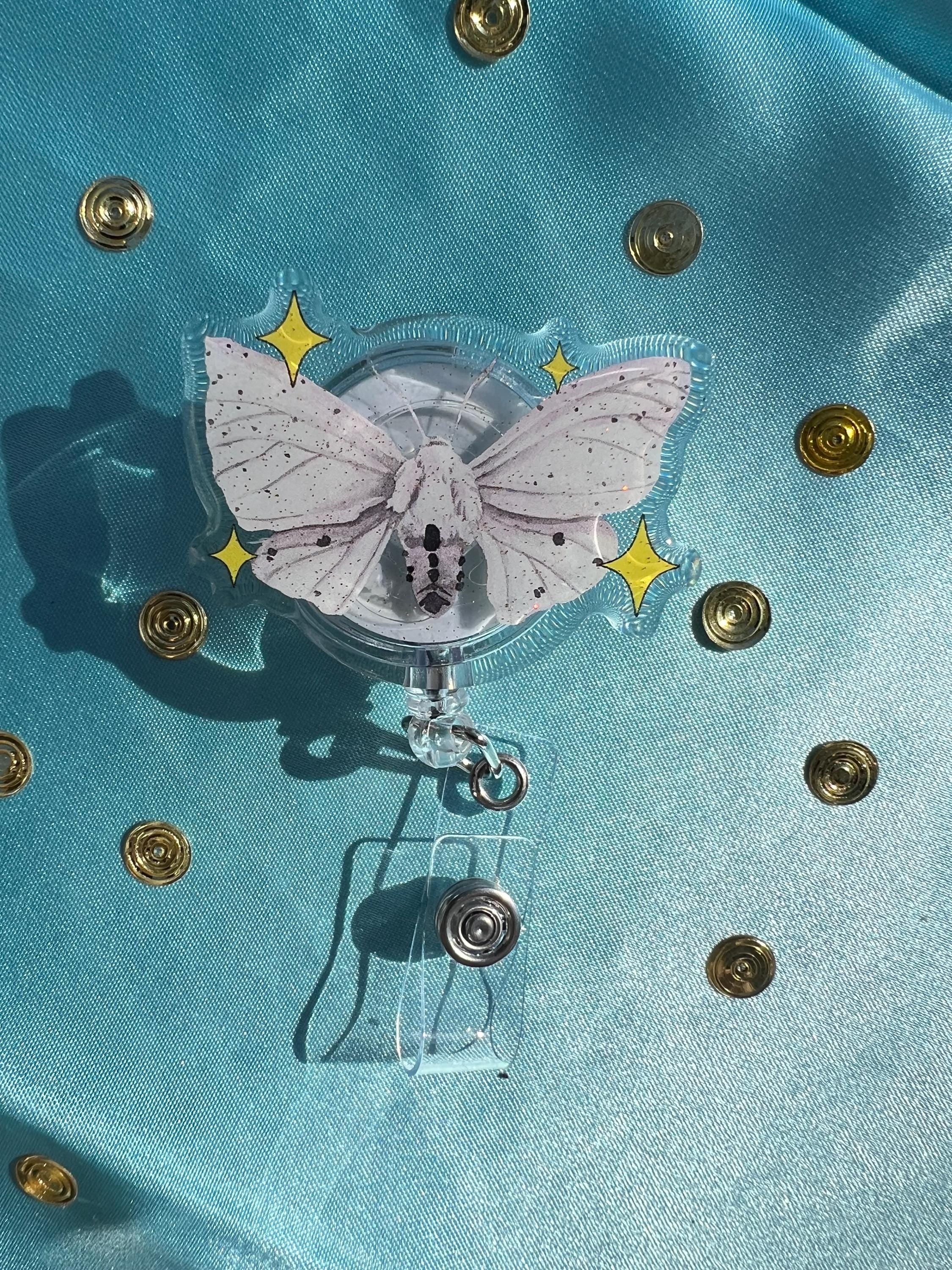 Whimsigoth Moth Badge Reel | Watercolor Insect ID Holder, Glitter Epoxy Lanyard Clip