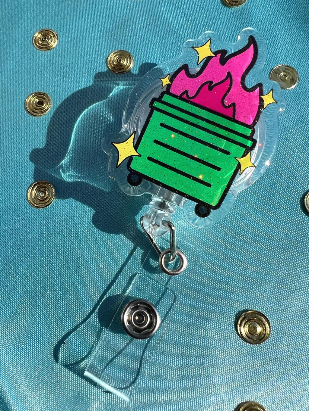 Dumpster Fire Badge Reel | Glitter Epoxy ID Clip | Chaotic Office Lanyard Humor