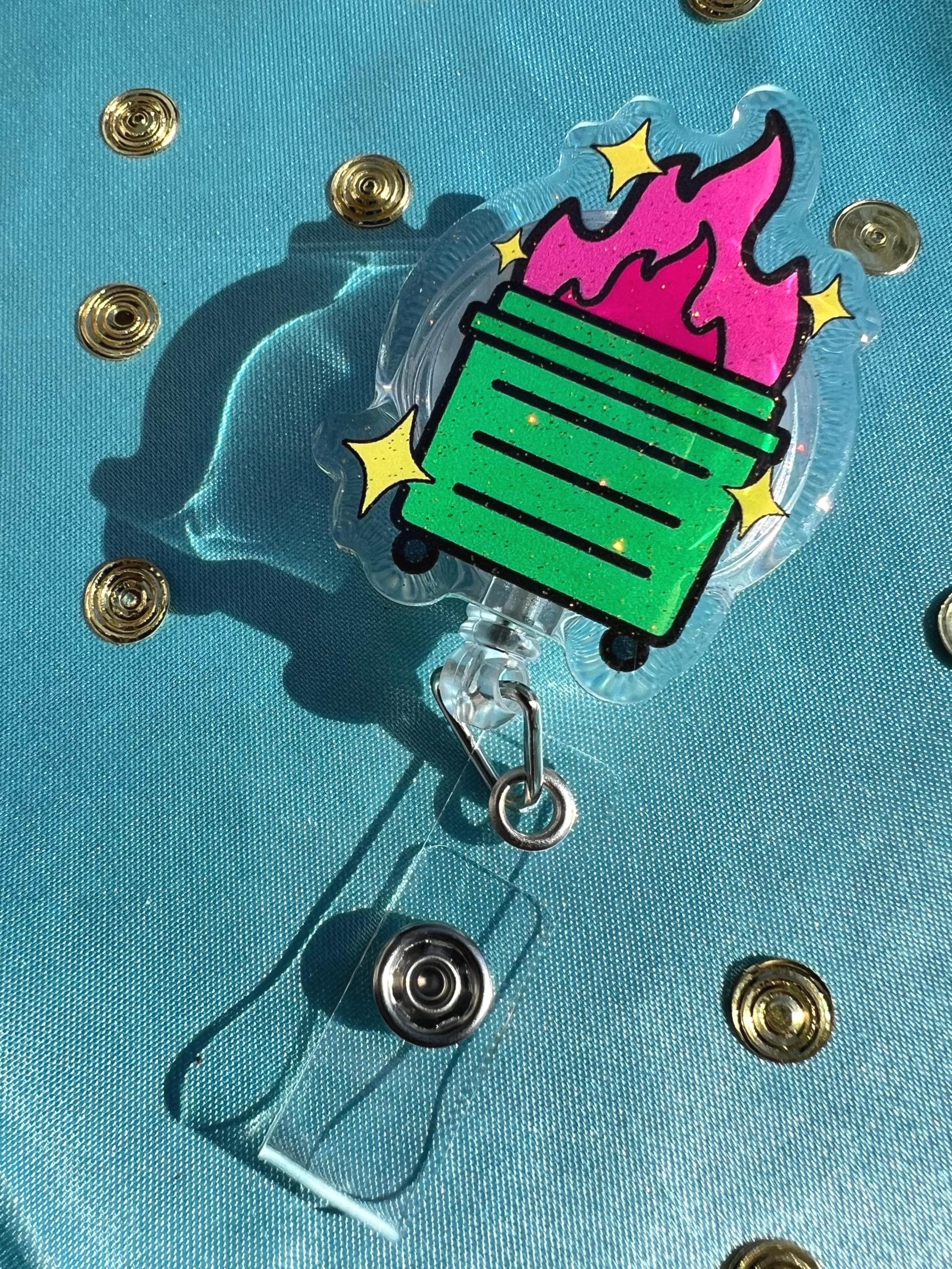 Dumpster Fire Badge Reel | Glitter Epoxy ID Clip | Chaotic Office Lanyard Humor
