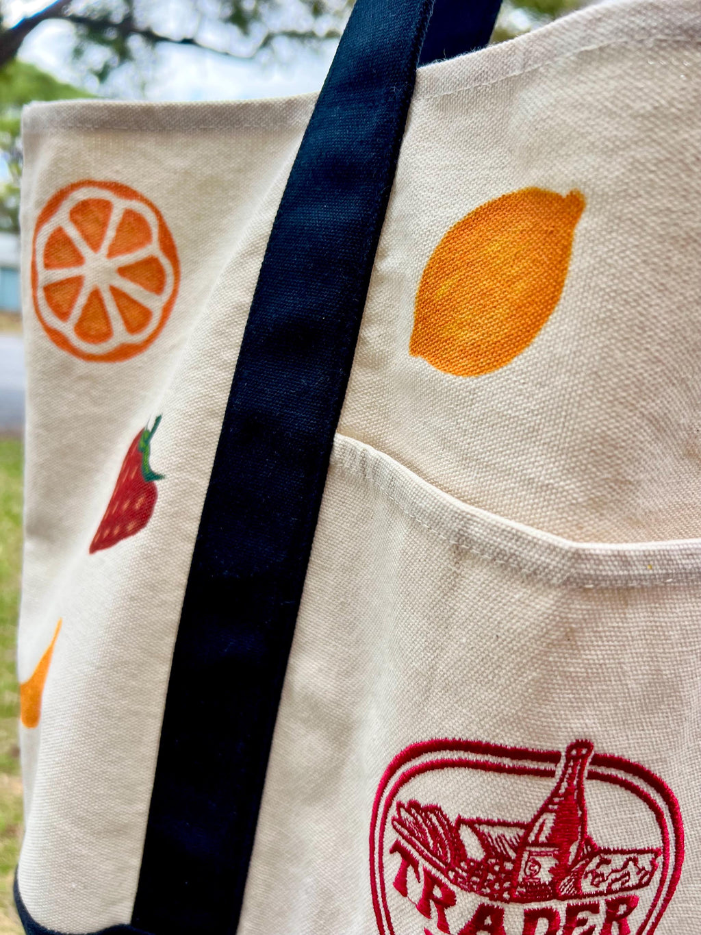 Hand Painted Fruit Tote Bag, Upcycled Trader Joes Canvas Bag, Colorful Fruit Aesthetic Grocery Bag, One of a Kind Reusable Bag, Gift for Her