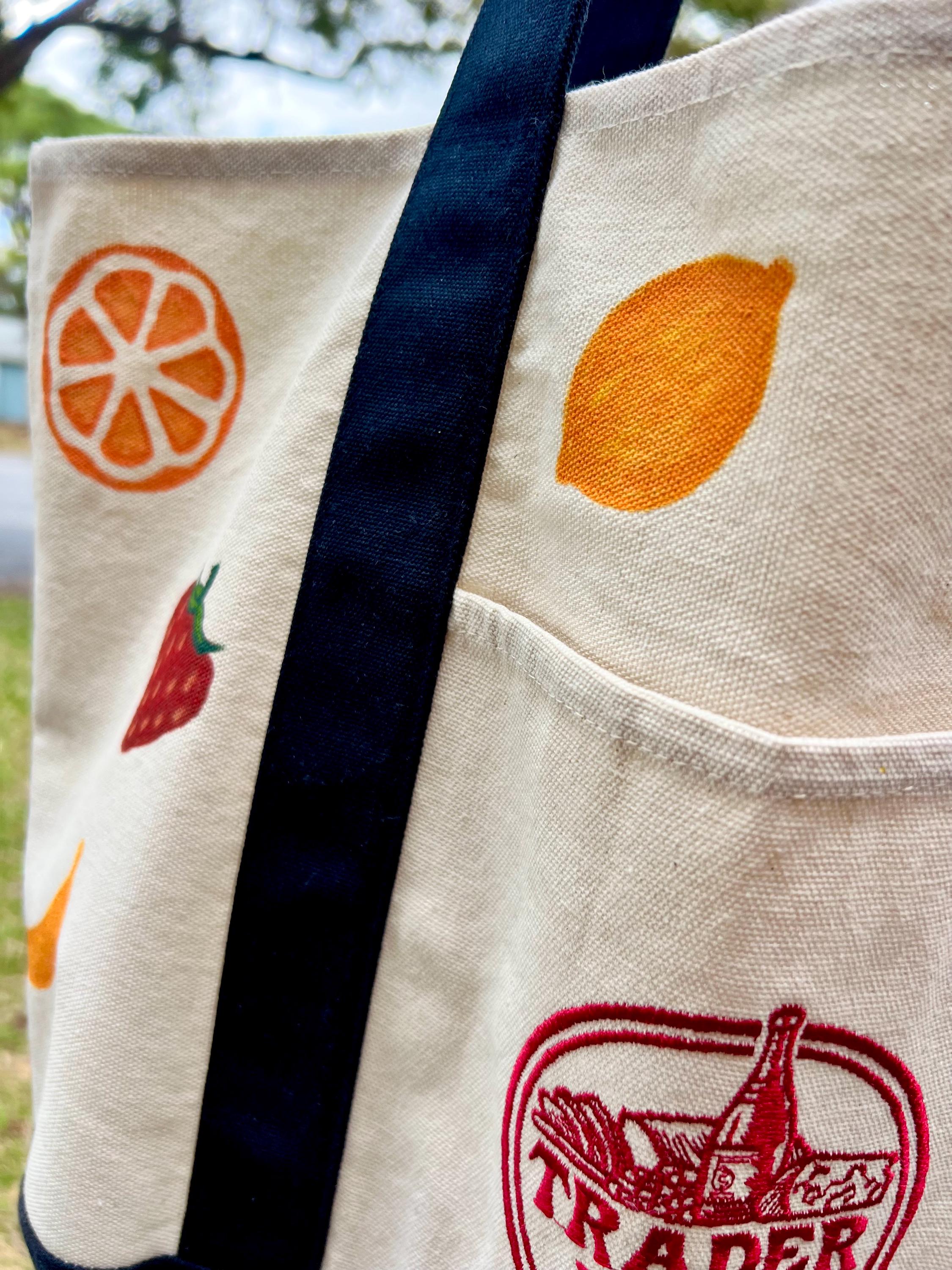 Hand Painted Fruit Tote Bag, Upcycled Trader Joes Canvas Bag, Colorful Fruit Aesthetic Grocery Bag, One of a Kind Reusable Bag, Gift for Her