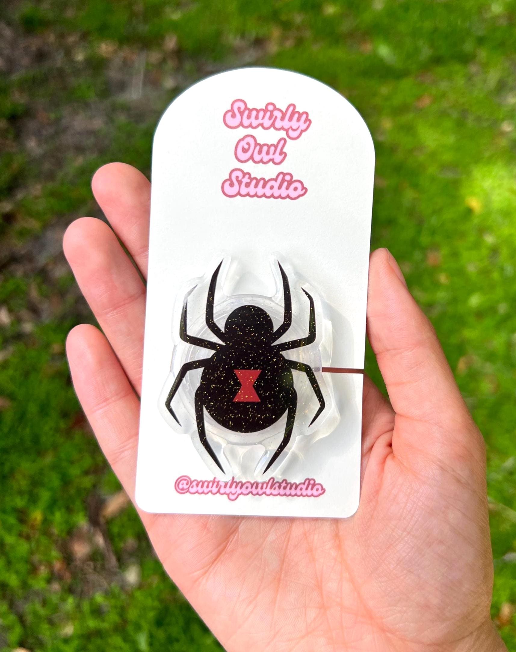 Spooky Black Widow Magnetic Glitter Kindle Grip | Whimsigoth Kindle Accessory | Goth E-Reader Stand | Handcrafted Spider Phone Stand