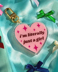 Pink heart acrylic bag charm– "literally just a girl" quote, coquette keychain