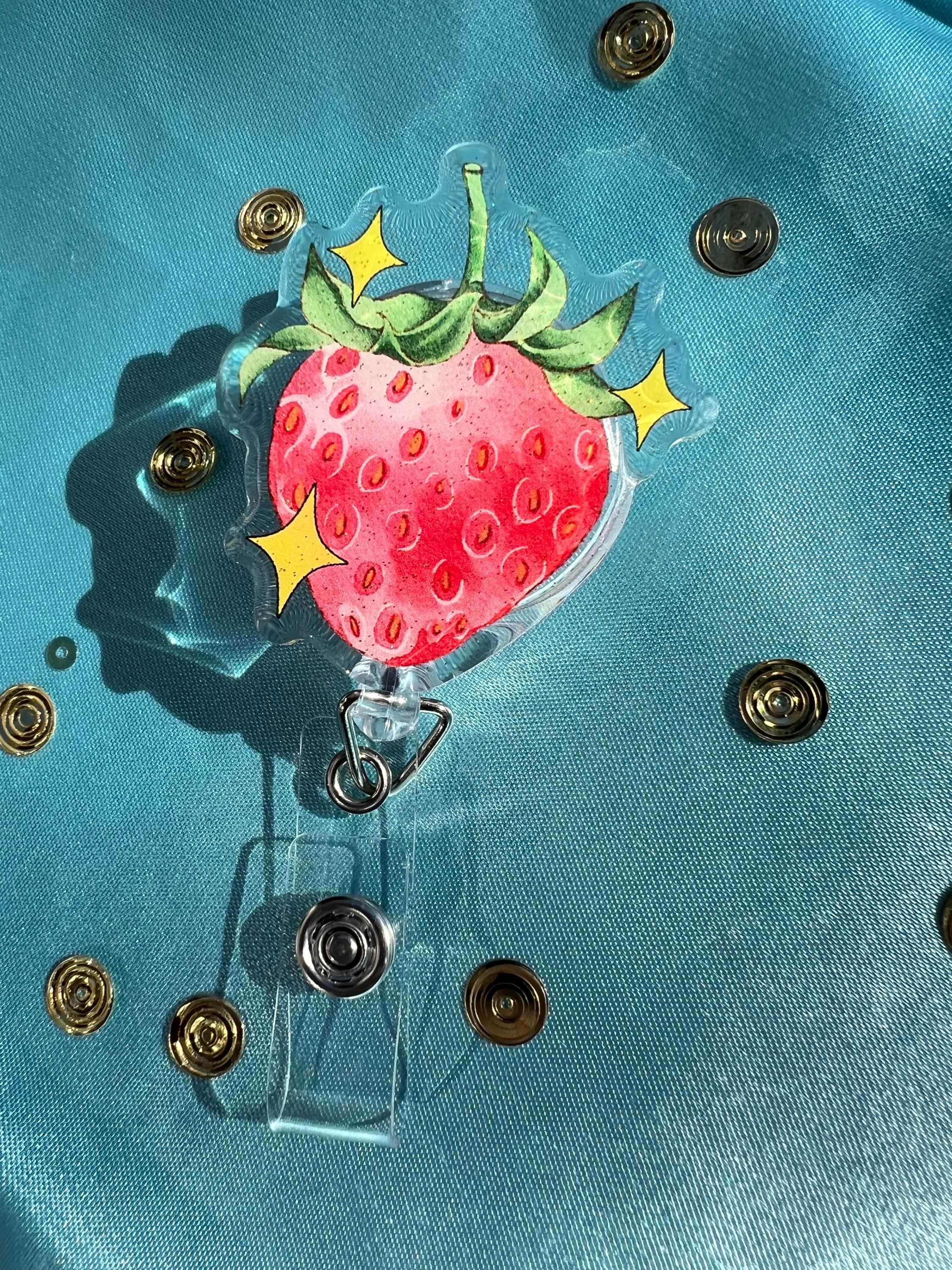 Strawberry Badge Reel, Glitter Epoxy ID Clip, Watercolor Fruit Lanyard