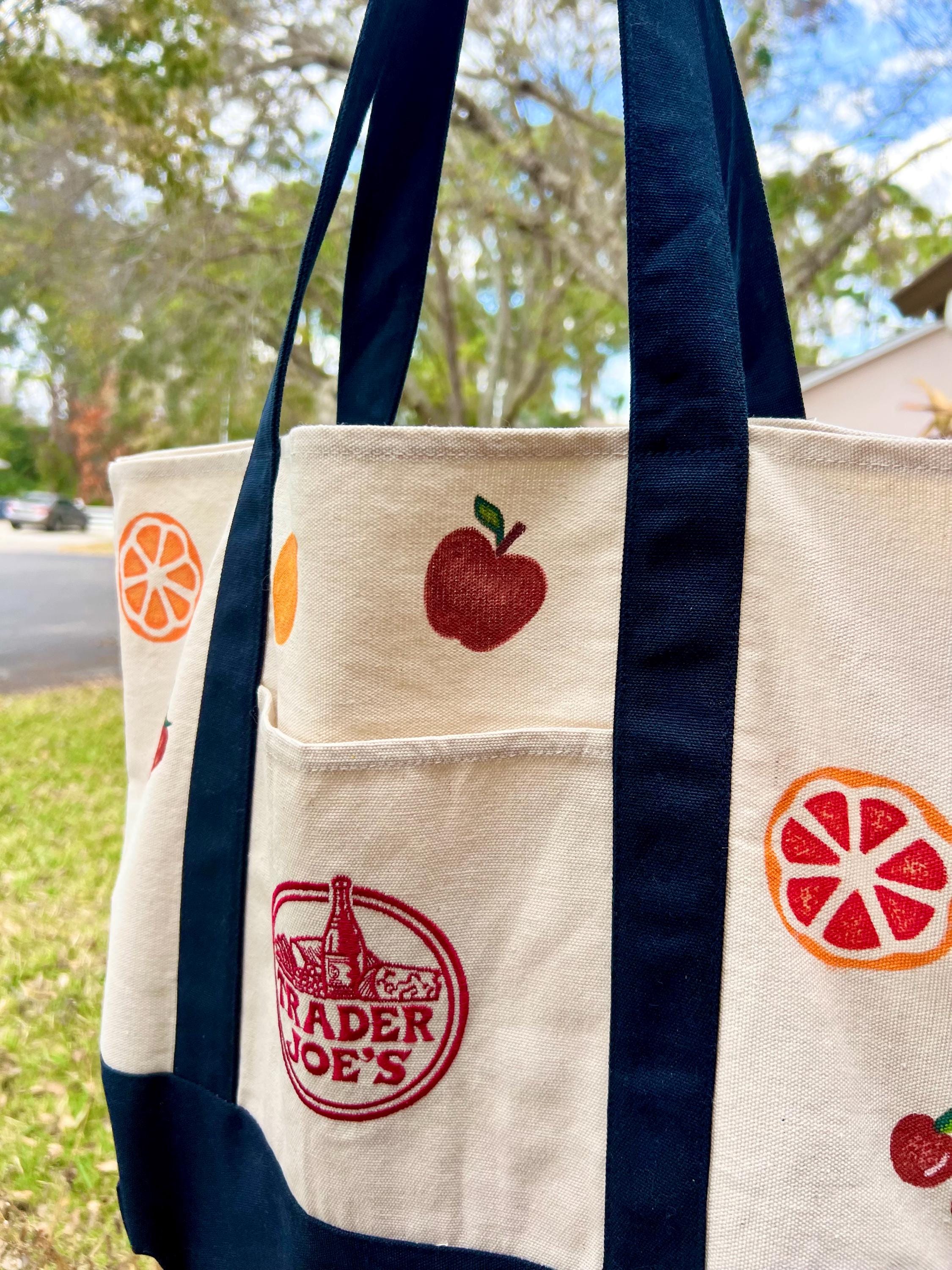 Hand Painted Fruit Tote Bag, Upcycled Trader Joes Canvas Bag, Colorful Fruit Aesthetic Grocery Bag, One of a Kind Reusable Bag, Gift for Her