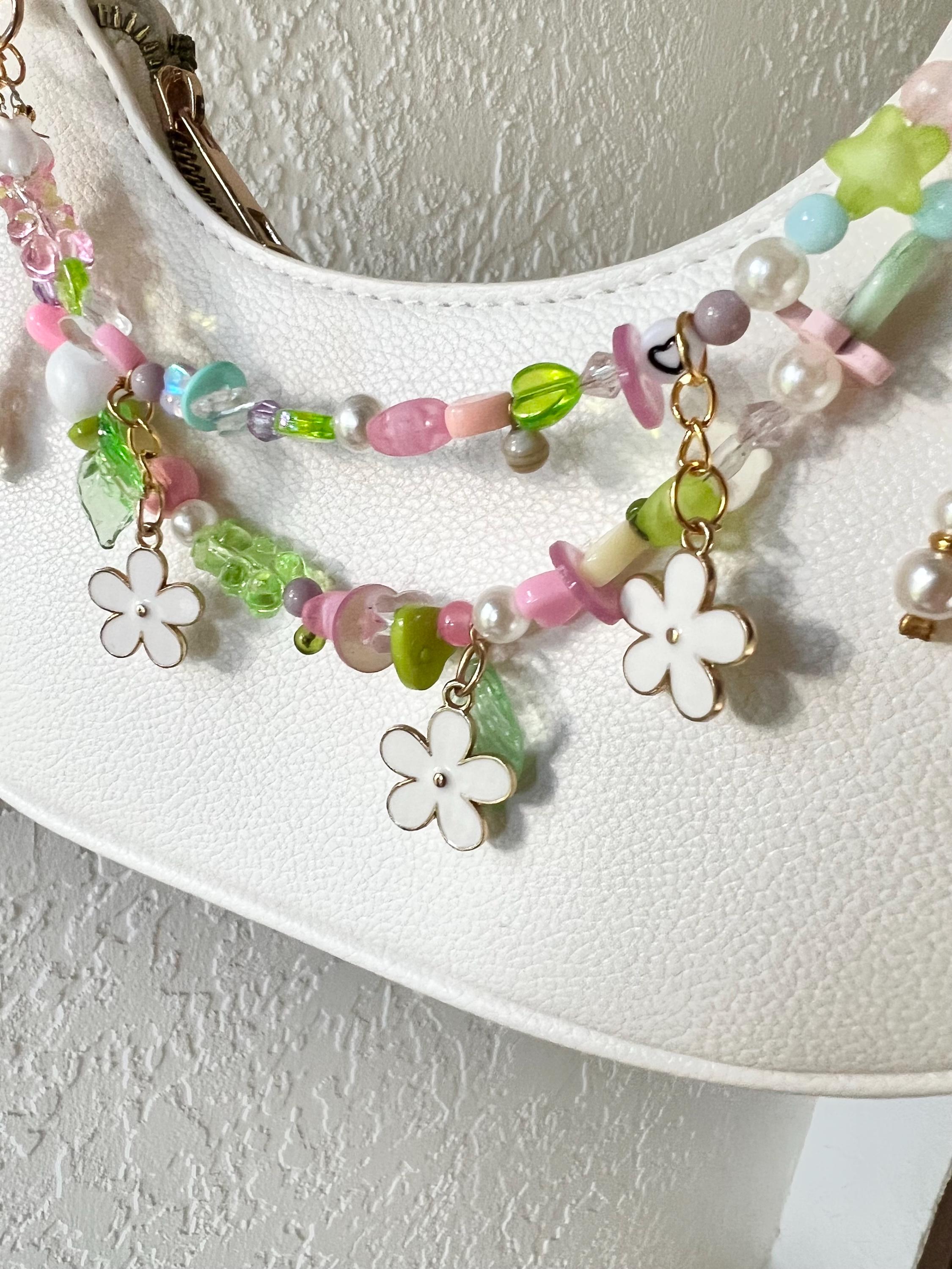 Beaded Flower Bag Charm - Fairycore Cute Upcycled Floral Decor - Cottagecore Aesthetic with Pearls and Pastel Charms