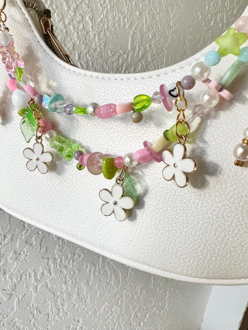 Beaded Flower Bag Charm - Fairycore Cute Upcycled Floral Decor - Cottagecore Aesthetic with Pearls and Pastel Charms