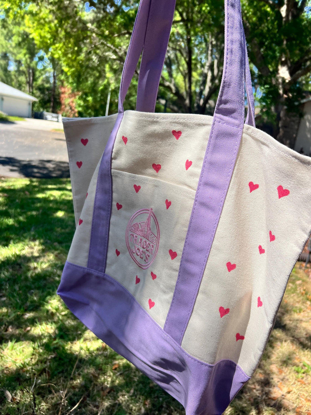 Hand Painted Hearts Lavender Tote Bag - Trader Joes Limited Edition Pastel Purple with Red Hearts - Large Reusable Grocery Bag