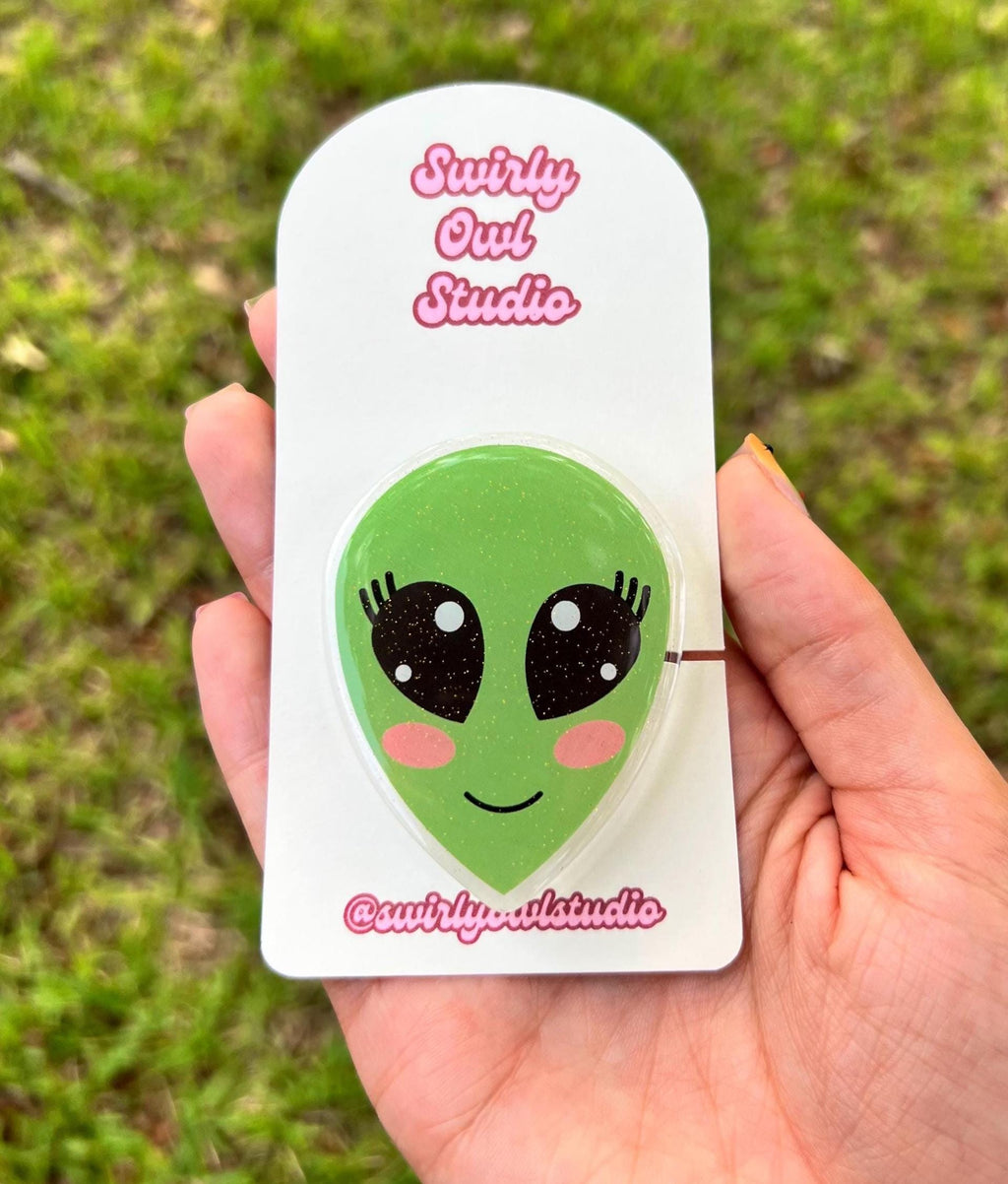 Cute Alien Magnetic Kindle Grip- Glitter Green Alien Phone Holder- Kawaii Space E-Reader Holder Accessory- Alien Phone Stand