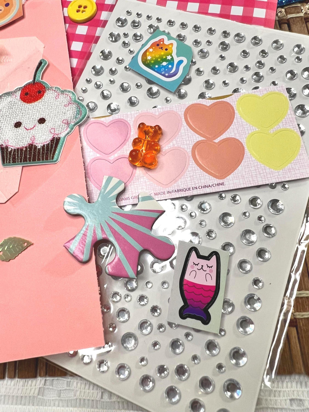 Kawaii Junk Journal Kit, Pastel Stationery, Stickers, Rhinestone Sheet