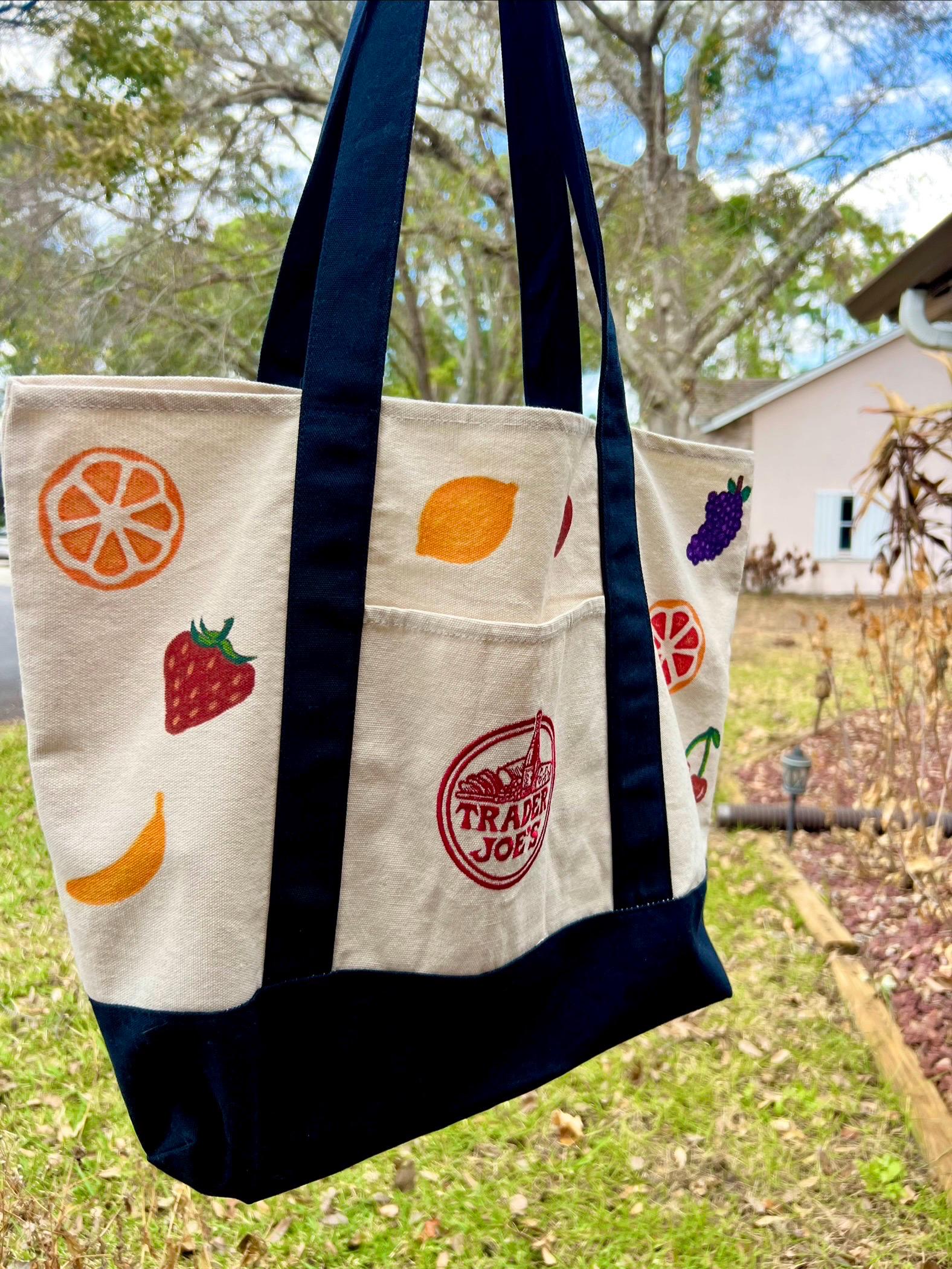 Hand Painted Fruit Tote Bag, Upcycled Trader Joes Canvas Bag, Colorful Fruit Aesthetic Grocery Bag, One of a Kind Reusable Bag, Gift for Her