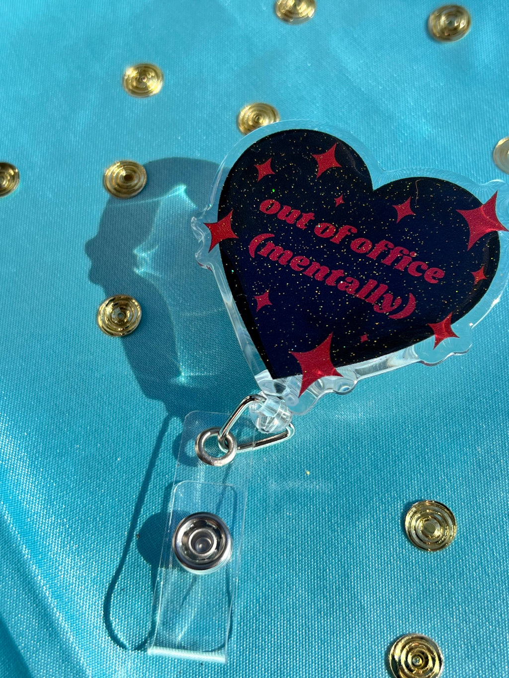 Out of Office Mentally Badge Reel | Glitter Epoxy Heart ID Clip, Goth Lanyard