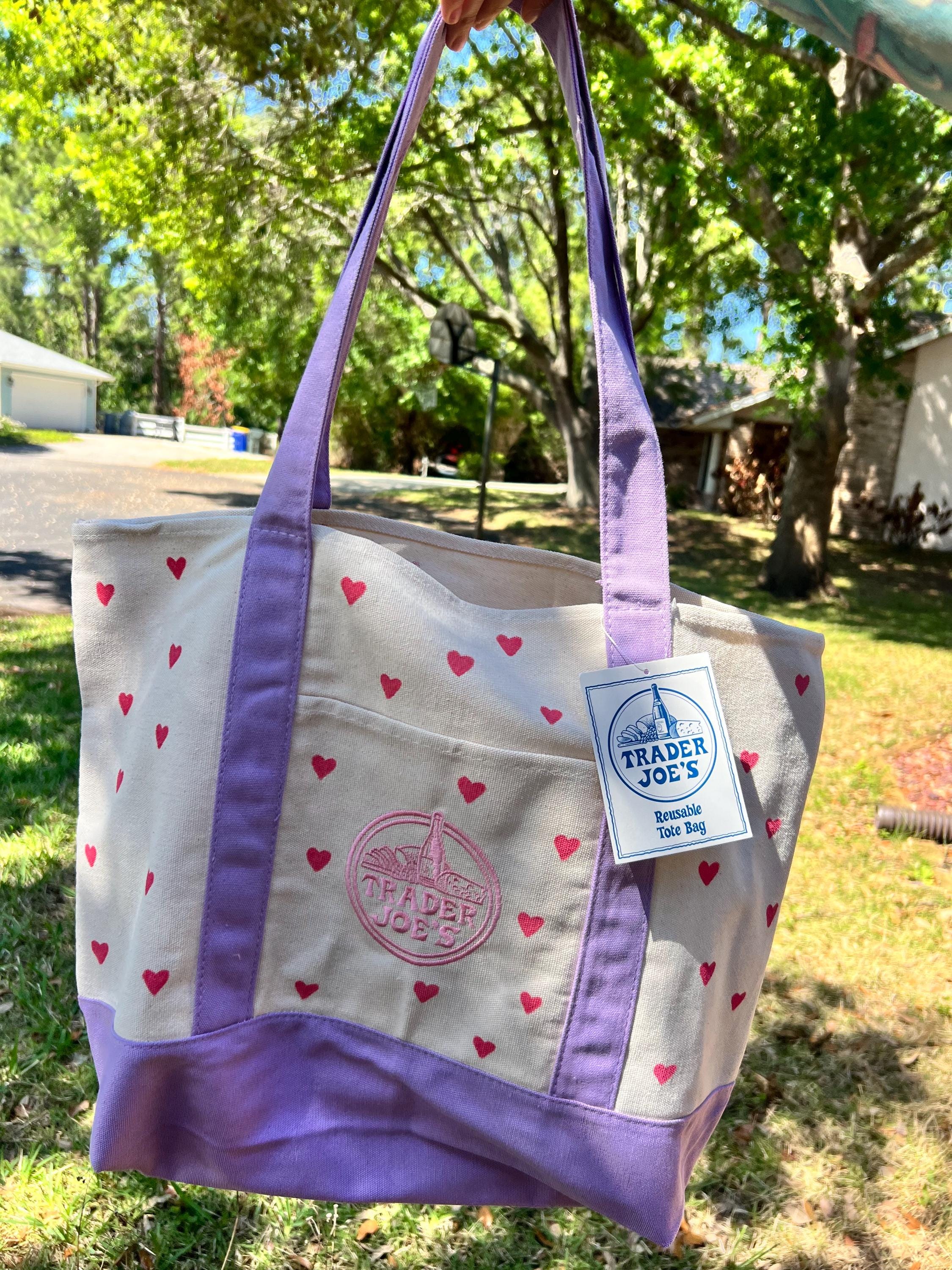 Hand Painted Hearts Lavender Tote Bag - Trader Joes Limited Edition Pastel Purple with Red Hearts - Large Reusable Grocery Bag