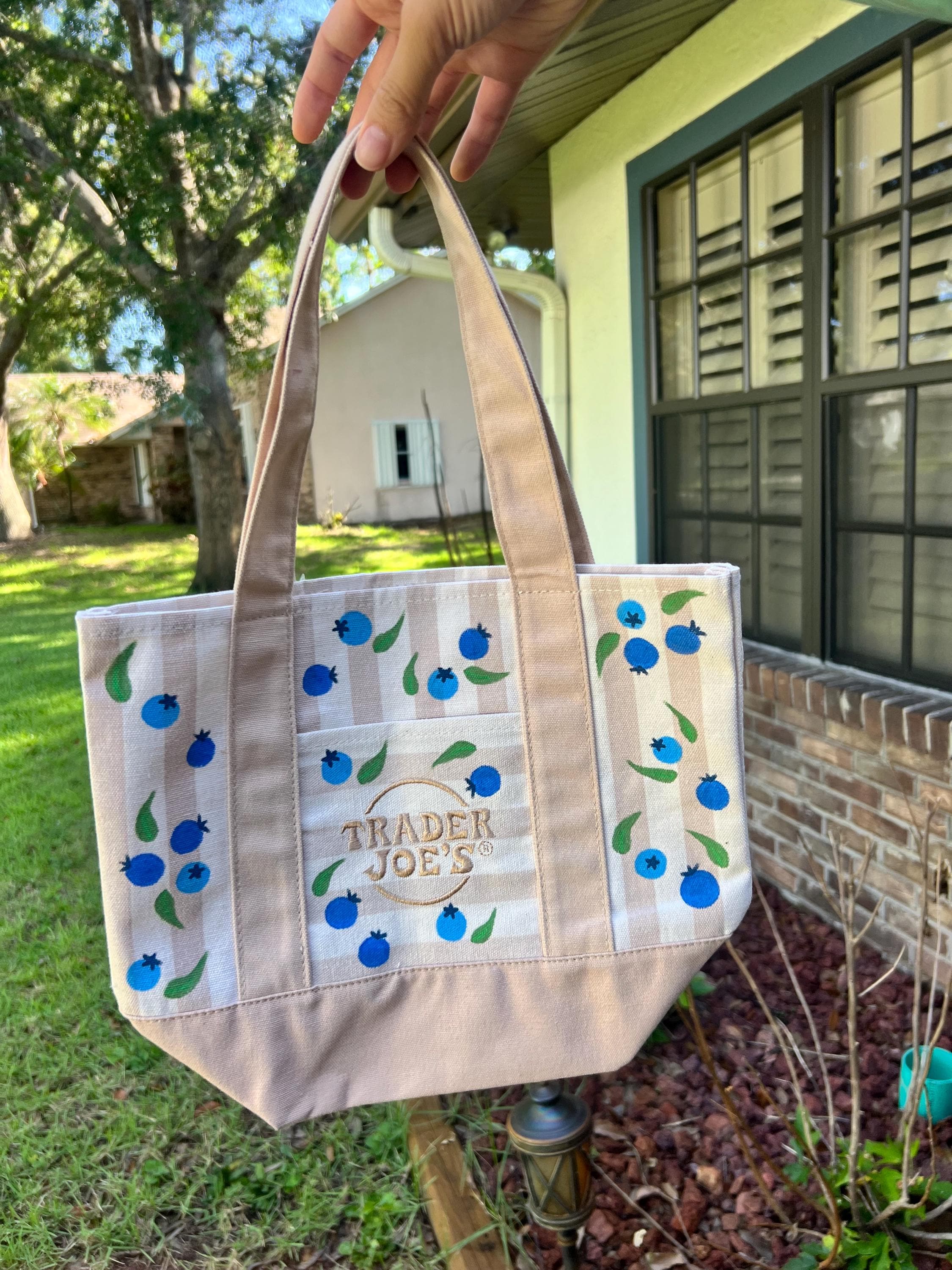 Trader Joes Limited Edition Mini Canvas Tote Bag - Hand Painted Blueberry Striped Tote - Cottagecore Blueberries Reusable Bag for Summer