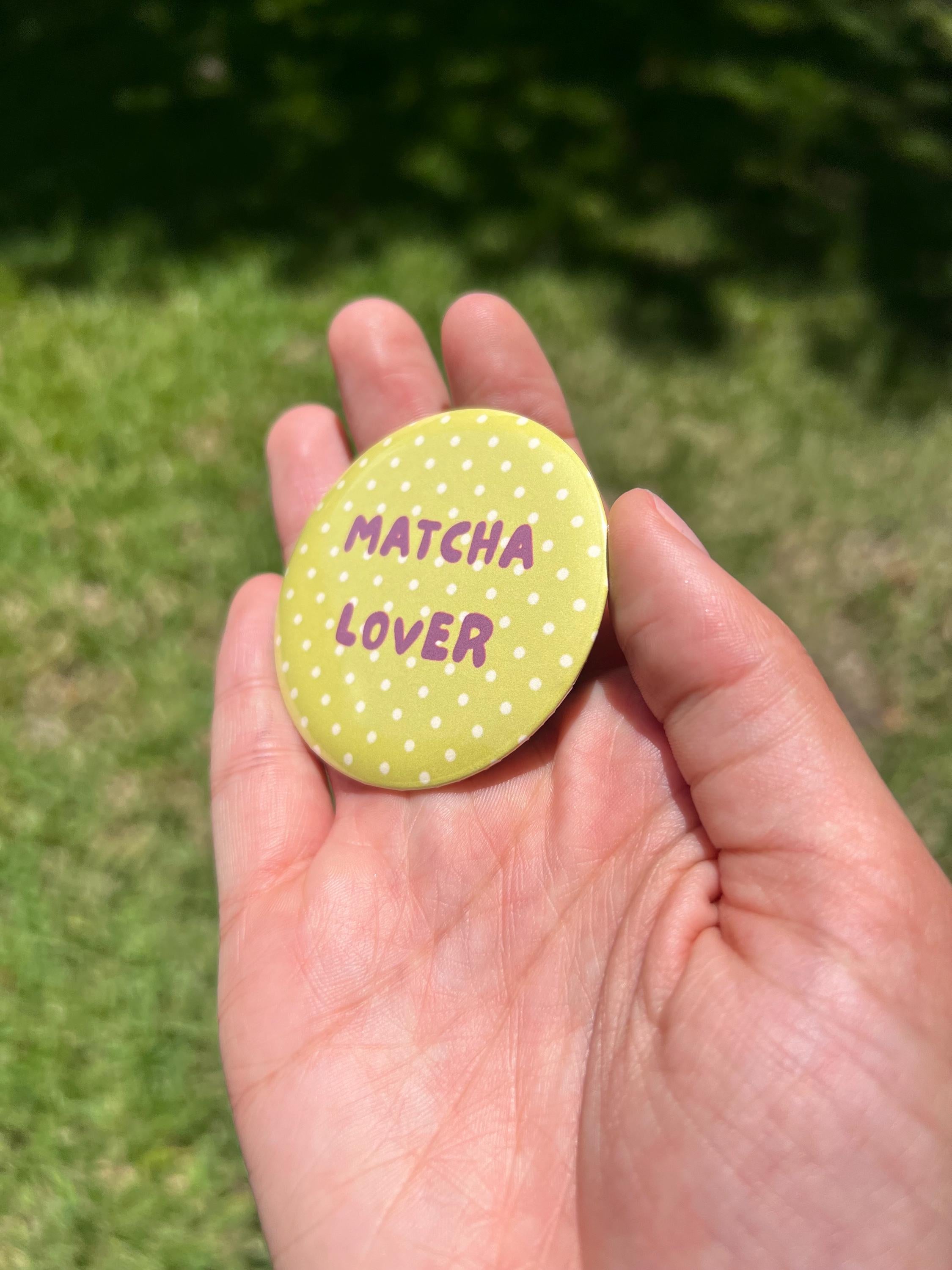 Matcha Lover Button Pin – 2.25" Cute Green Polka Dot Green Tea Badge, Aesthetic Kawaii Backpack Pin, Cafe and Drink Accessory, Y2K Gift